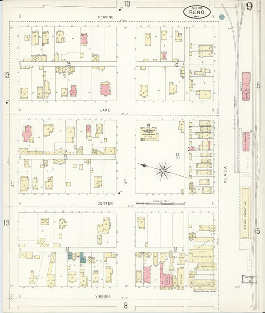 Sanborn Fire Insurance Map from Reno, Washoe County, Nevada (1899), Sheet #0009 - Historic Sanborn Fire Insurance Map Print, vintage old map wall art, antique decor, genealogy gift, Nevada Nevada map
