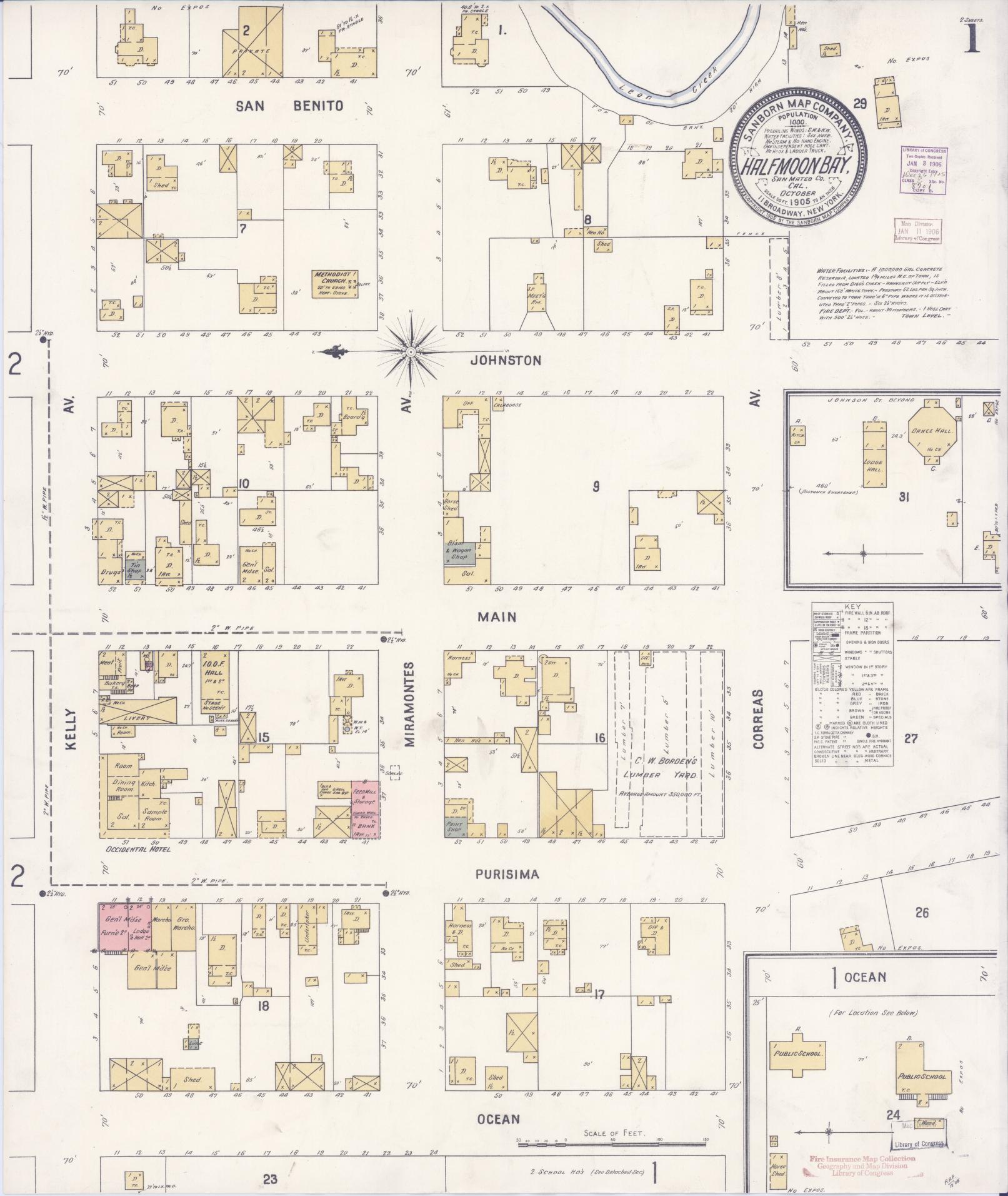 Sanborn Fire Insurance Map from Half Moon Bay, San Mateo County, California (1905), Sheet #0001 - Historic Sanborn Fire Insurance Map Print, vintage old map wall art, antique decor, genealogy gift, California California map