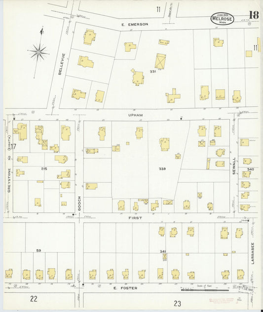 Sanborn Fire Insurance Map from Melrose, Middlesex County, Massachusetts (1909), Sheet #0018 - Historic Sanborn Fire Insurance Map Print, vintage old map wall art, antique decor, genealogy gift, Massachusetts Massachusetts map