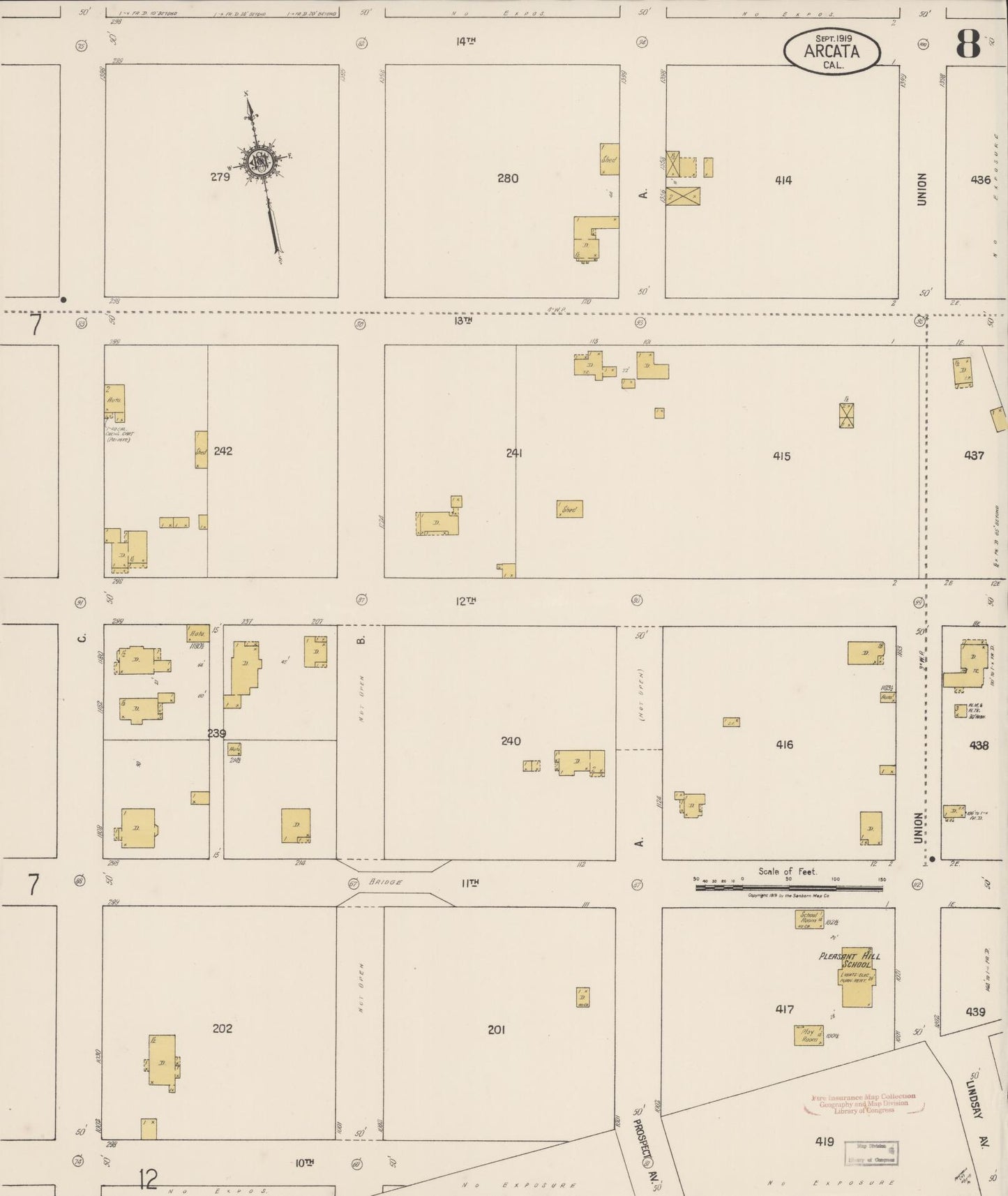 Sanborn Fire Insurance Map from Arcata, Humboldt County, California (1919), Sheet #0008 - Historic Sanborn Fire Insurance Map Print, vintage old map wall art, antique decor, genealogy gift, California California map
