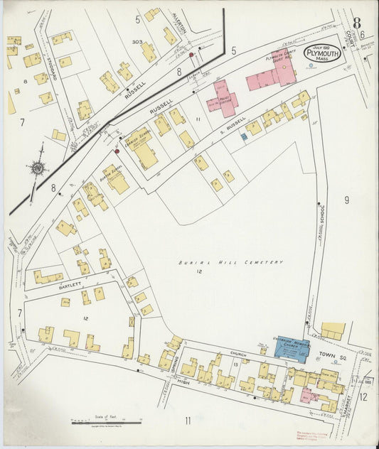 Sanborn Fire Insurance Map from Plymouth, Plymouth County, Massachusetts (1919), Sheet #0008 - Historic Sanborn Fire Insurance Map Print, vintage old map wall art, antique decor, genealogy gift, Massachusetts Massachusetts map