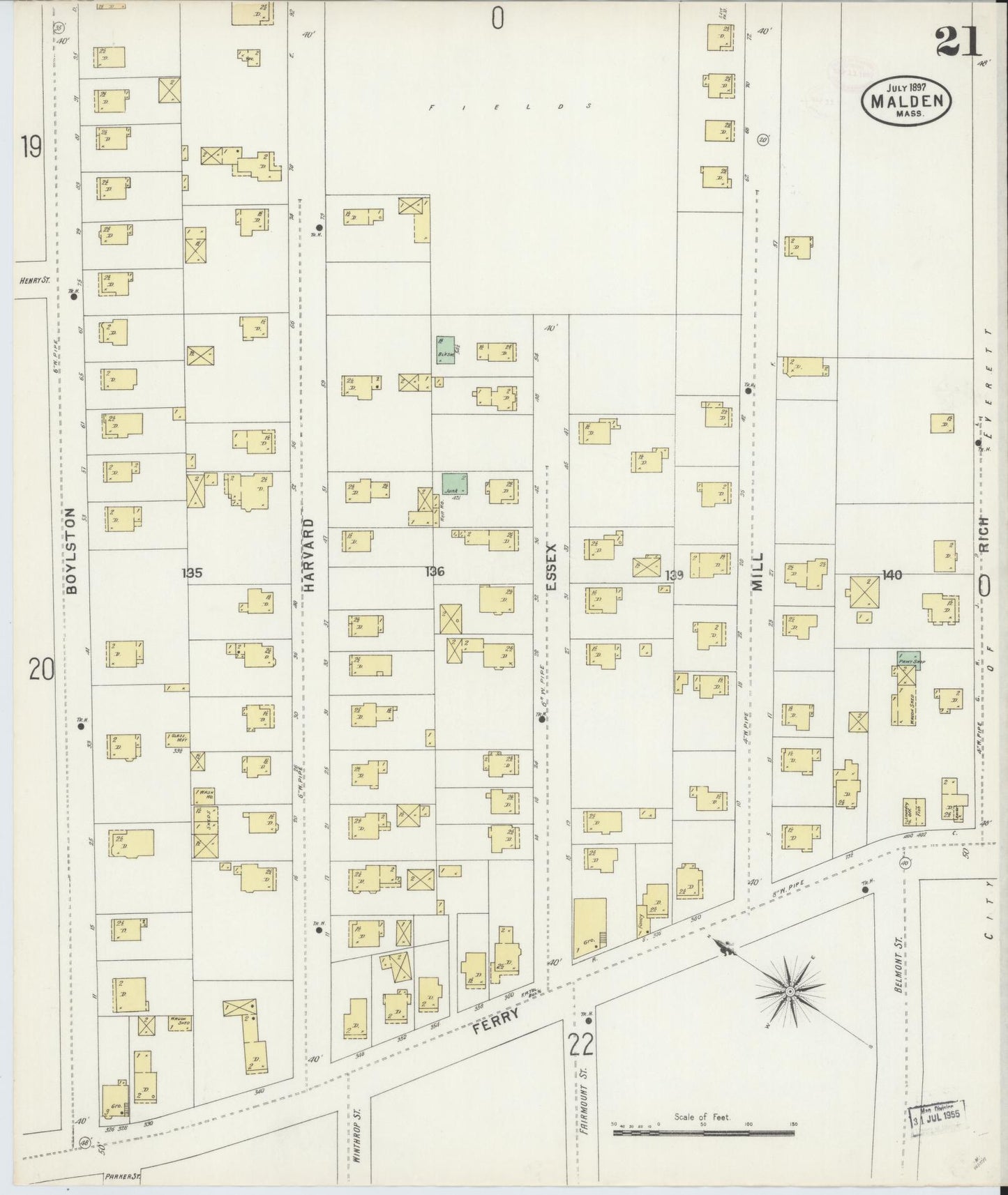 Sanborn Fire Insurance Map from Malden, Middlesex County, Massachusetts (1897), Sheet #0021 - Complete Map Set gallery image, historic Sanborn map, vintage wall art, Massachusetts Massachusetts