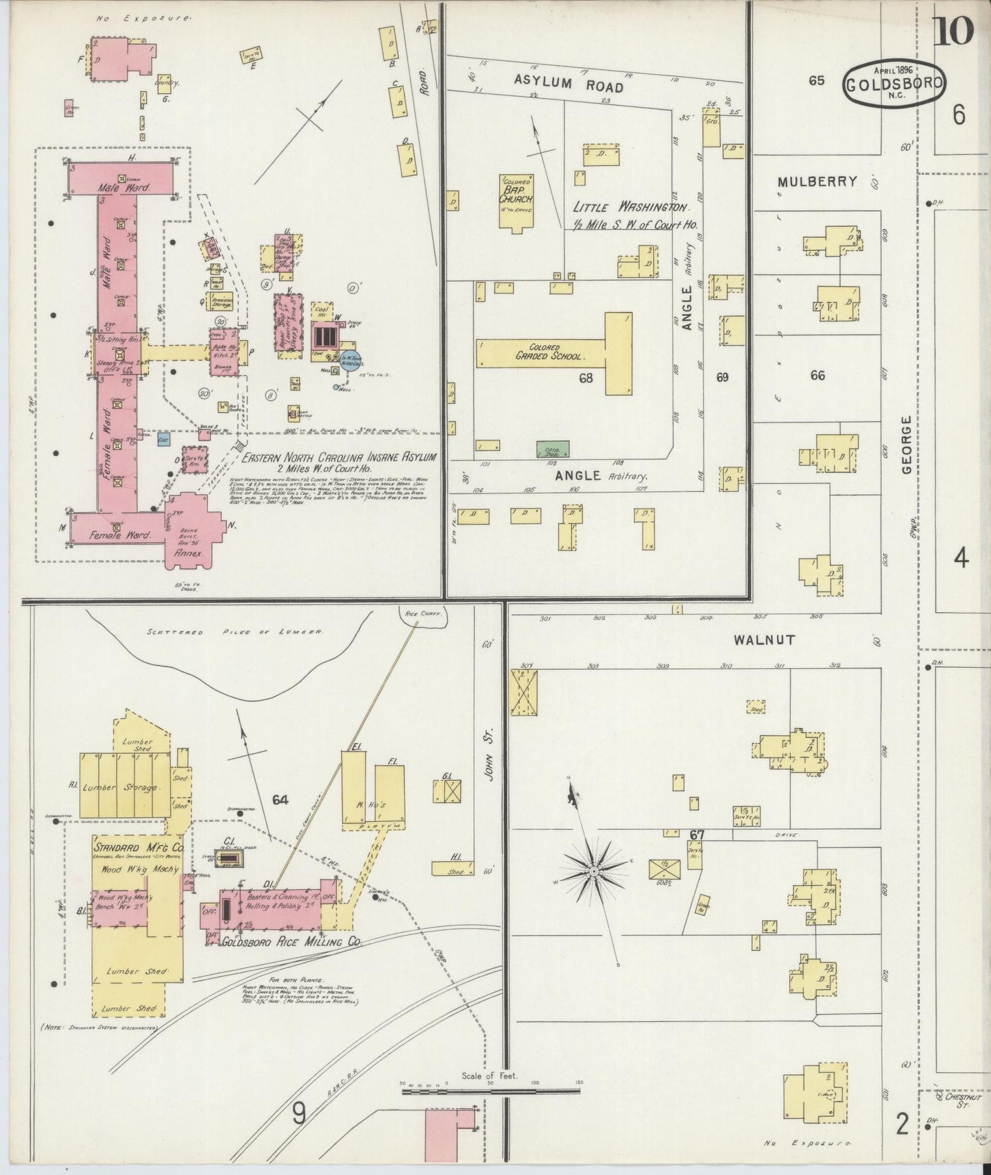 Sanborn Fire Insurance Map from Goldsboro, Wayne County, North Carolina (1896), Sheet #0010 - Complete Map Set gallery image, historic Sanborn map, vintage wall art, North Carolina North Carolina