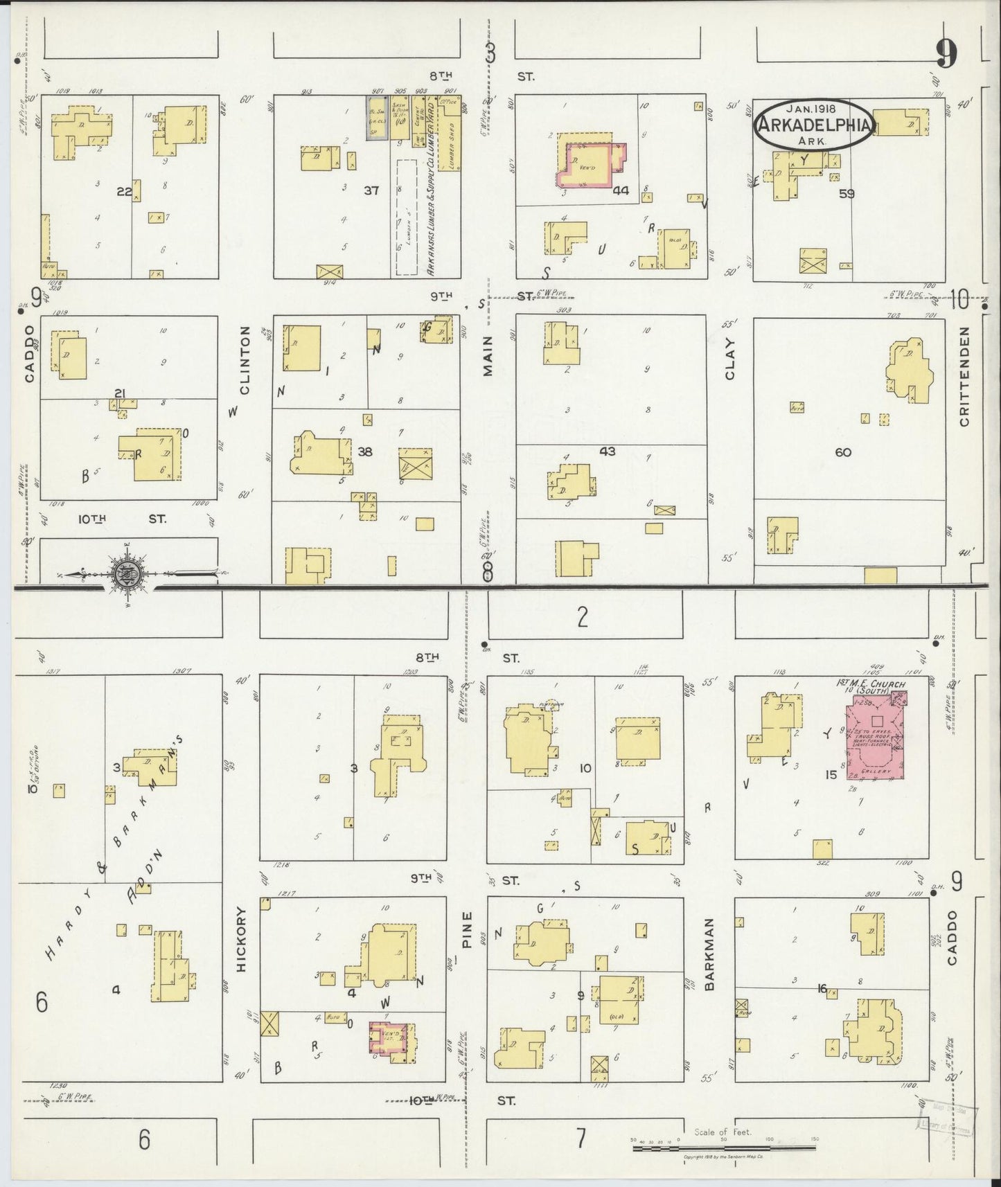 Sanborn Fire Insurance Map from Arkadelphia, Clark County, Arkansas (1918), Sheet #0009 - Complete Map Set gallery image, historic Sanborn map, vintage wall art, Arkansas Arkansas