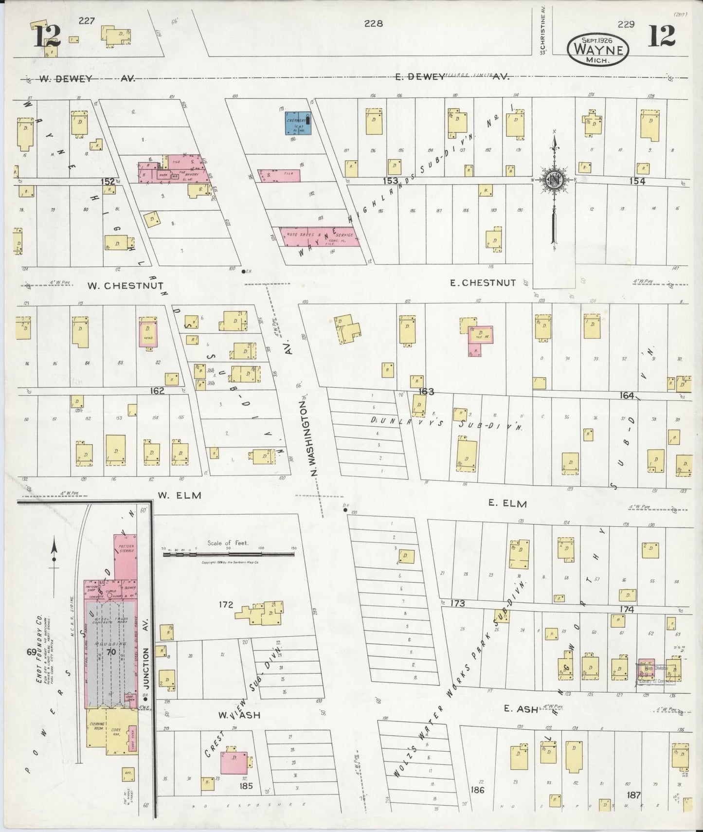 Sanborn Fire Insurance Map from Wayne, Wayne County, Michigan (1926), Sheet #0012 - Historic Sanborn Fire Insurance Map Print, vintage old map wall art, antique decor, genealogy gift, Michigan Michigan map