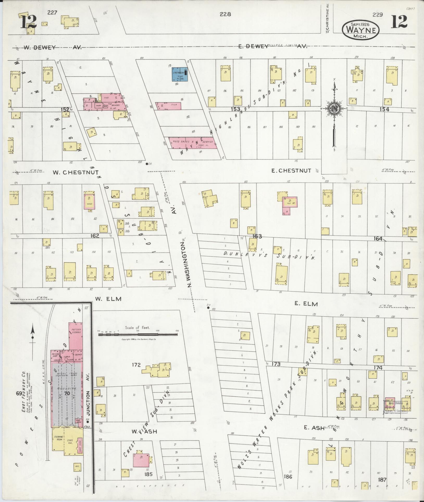 Sanborn Fire Insurance Map from Wayne, Wayne County, Michigan (1926), Sheet #0012 - Historic Sanborn Fire Insurance Map Print, vintage old map wall art, antique decor, genealogy gift, Michigan Michigan map