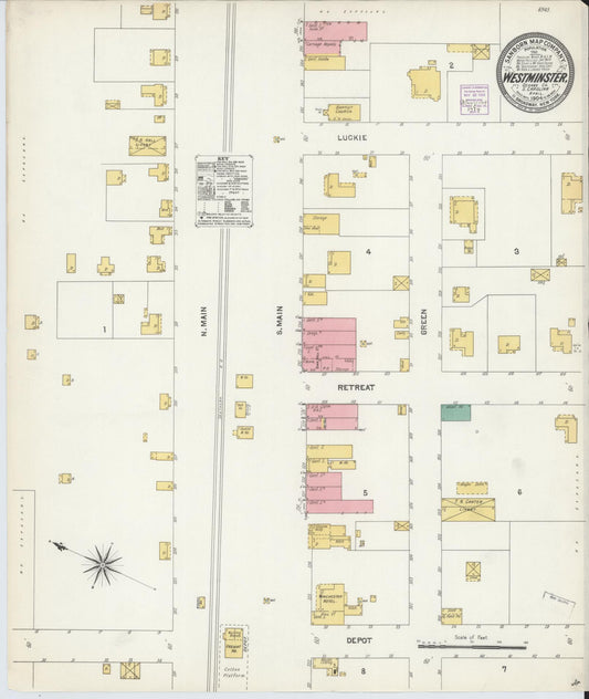 Sanborn Fire Insurance Map from Westminster, Oconee County, South Carolina (1904), Sheet #0001 - Historic Sanborn Fire Insurance Map Print, vintage old map wall art, antique decor, genealogy gift, South Carolina South Carolina map