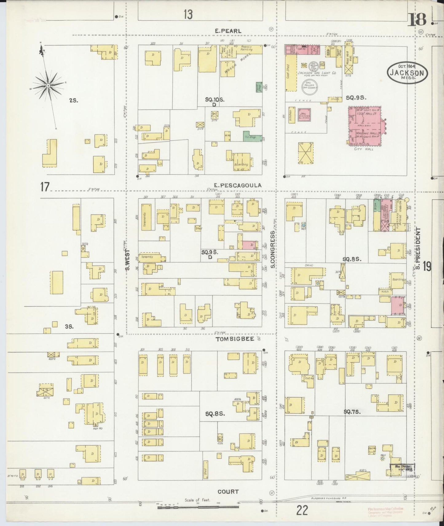 Sanborn Fire Insurance Map from Jackson, Hinds County, Mississippi (1904), Sheet #0018 - Complete Map Set gallery image, historic Sanborn map, vintage wall art, Mississippi Mississippi