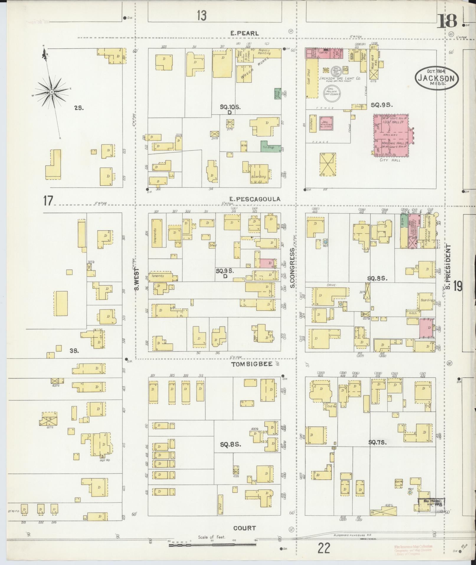Sanborn Fire Insurance Map from Jackson, Hinds County, Mississippi (1904), Sheet #0018 - Complete Map Set gallery image, historic Sanborn map, vintage wall art, Mississippi Mississippi