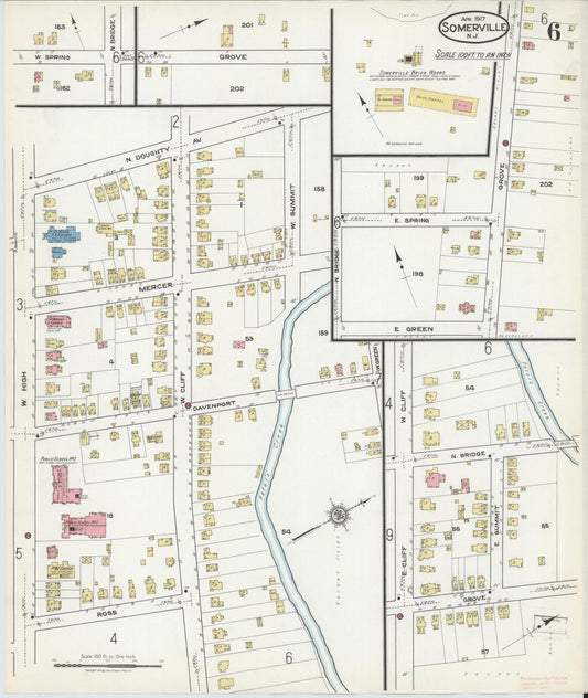 Sanborn Fire Insurance Map from Somerville, Somerset County, New Jersey (1917), Sheet #0006 - Historic Sanborn Fire Insurance Map Print, vintage old map wall art, antique decor, genealogy gift, New Jersey New Jersey map