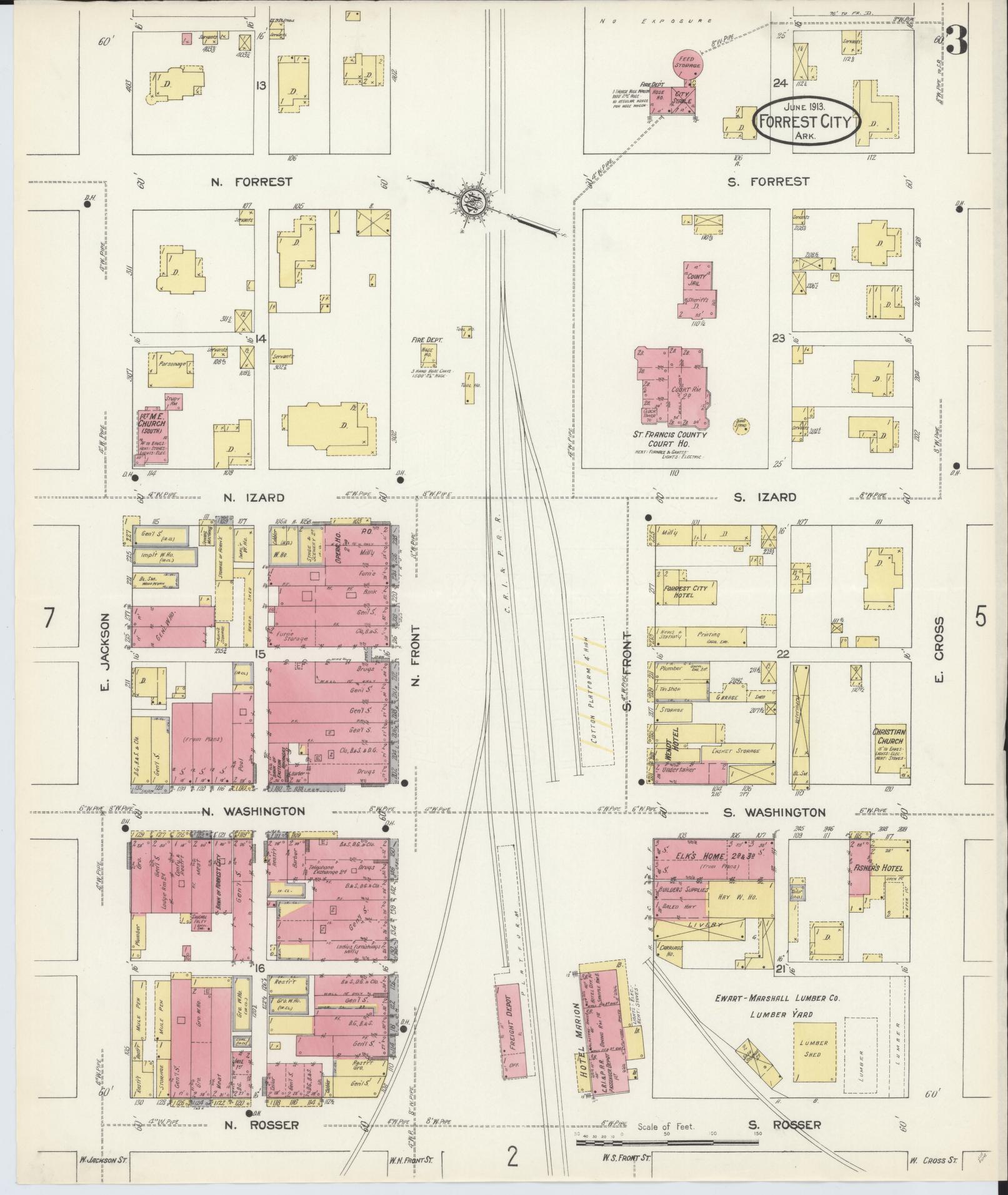 Sanborn Fire Insurance Map from Forrest City, Saint Francis County, Arkansas (1913), Sheet #0003 - Complete Map Set gallery image, historic Sanborn map, vintage wall art, Arkansas Arkansas