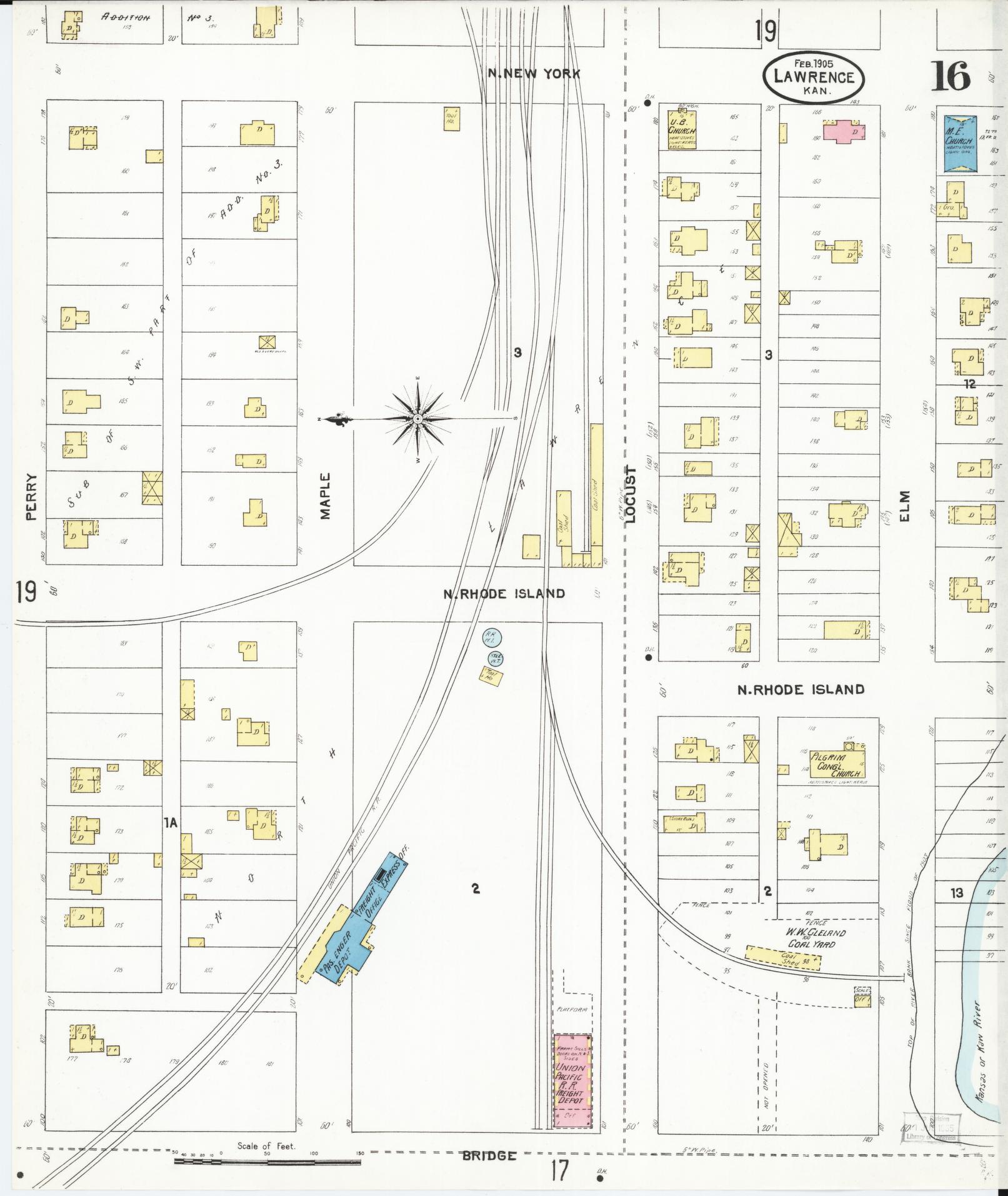 Sanborn Fire Insurance Map from Lawrence, Douglas County, Kansas (1905), Sheet #0016 - Complete Map Set gallery image, historic Sanborn map, vintage wall art, Kansas Kansas