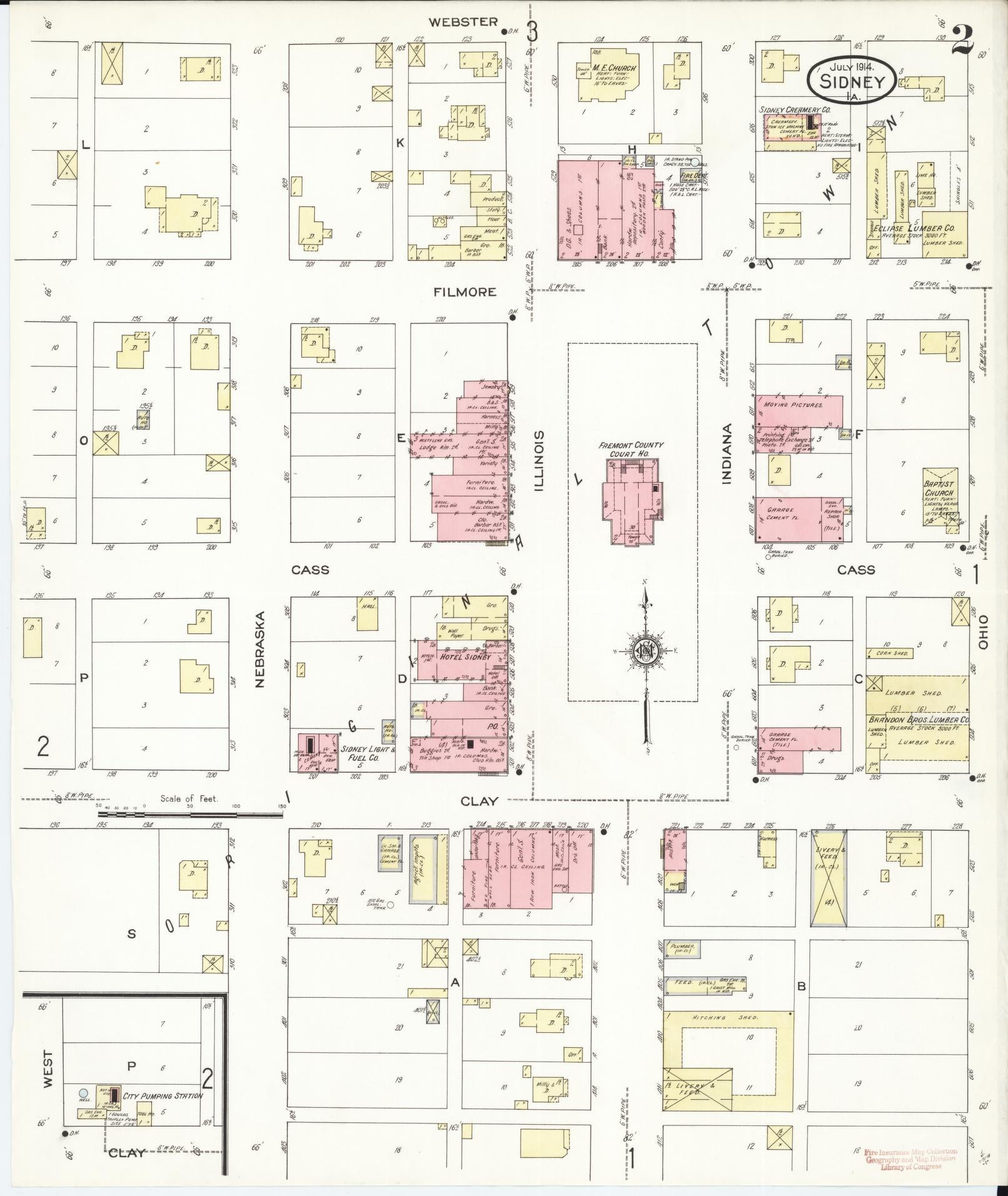 Sanborn Fire Insurance Map from Sidney, Fremont County, Iowa (1914), Sheet #0002 - Historic Sanborn Fire Insurance Map Print, vintage old map wall art