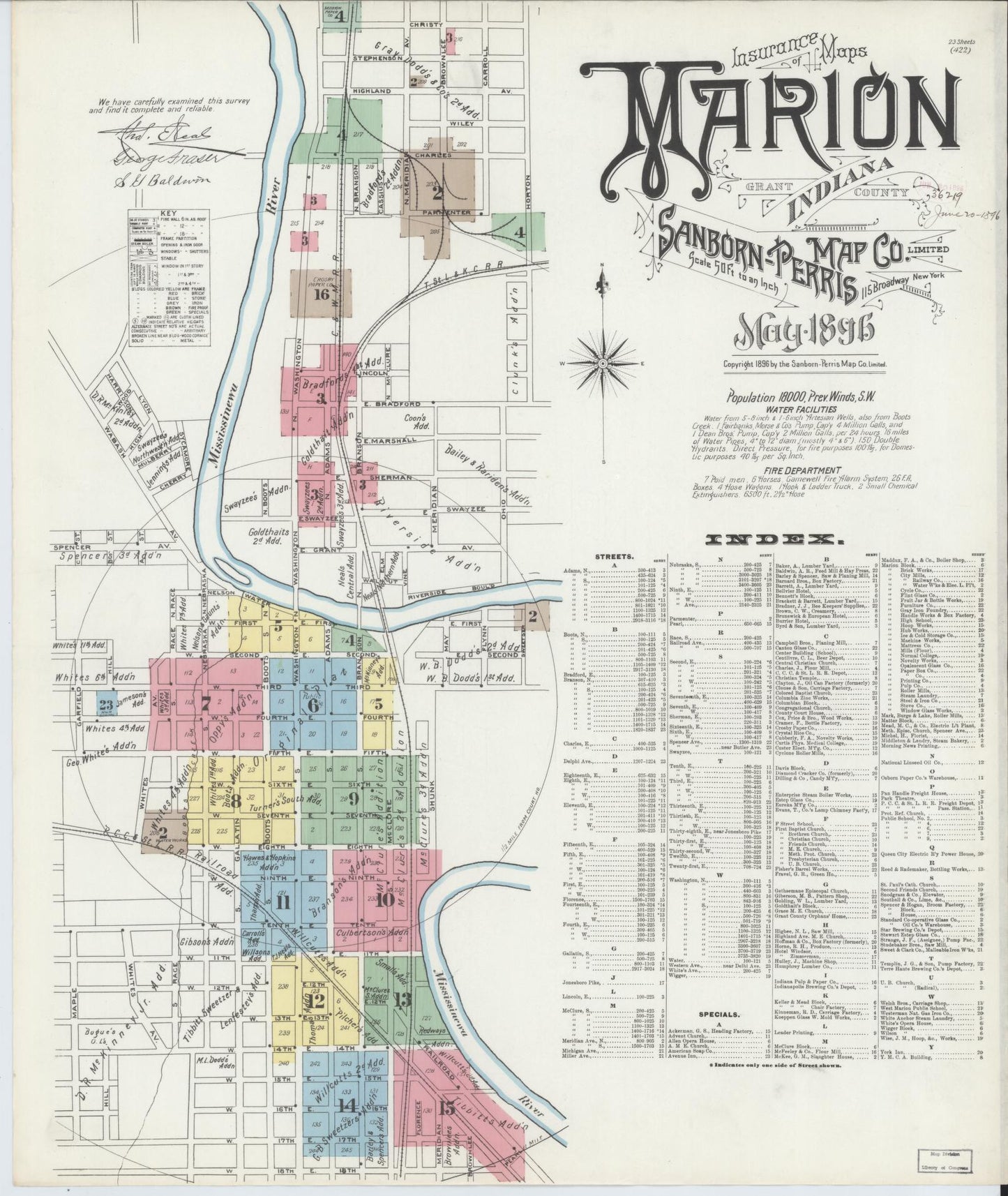 Sanborn Fire Insurance Map from Marion, Grant County, Indiana (1896), Sheet #0001 - Historic Sanborn Fire Insurance Map Print, vintage old map wall art, antique decor, genealogy gift, Indiana Indiana map
