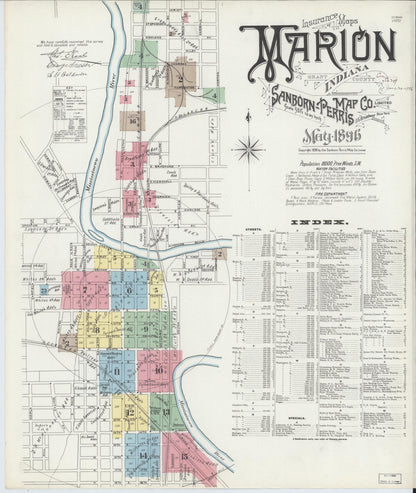 Sanborn Fire Insurance Map from Marion, Grant County, Indiana (1896), Sheet #0001 - Historic Sanborn Fire Insurance Map Print, vintage old map wall art, antique decor, genealogy gift, Indiana Indiana map