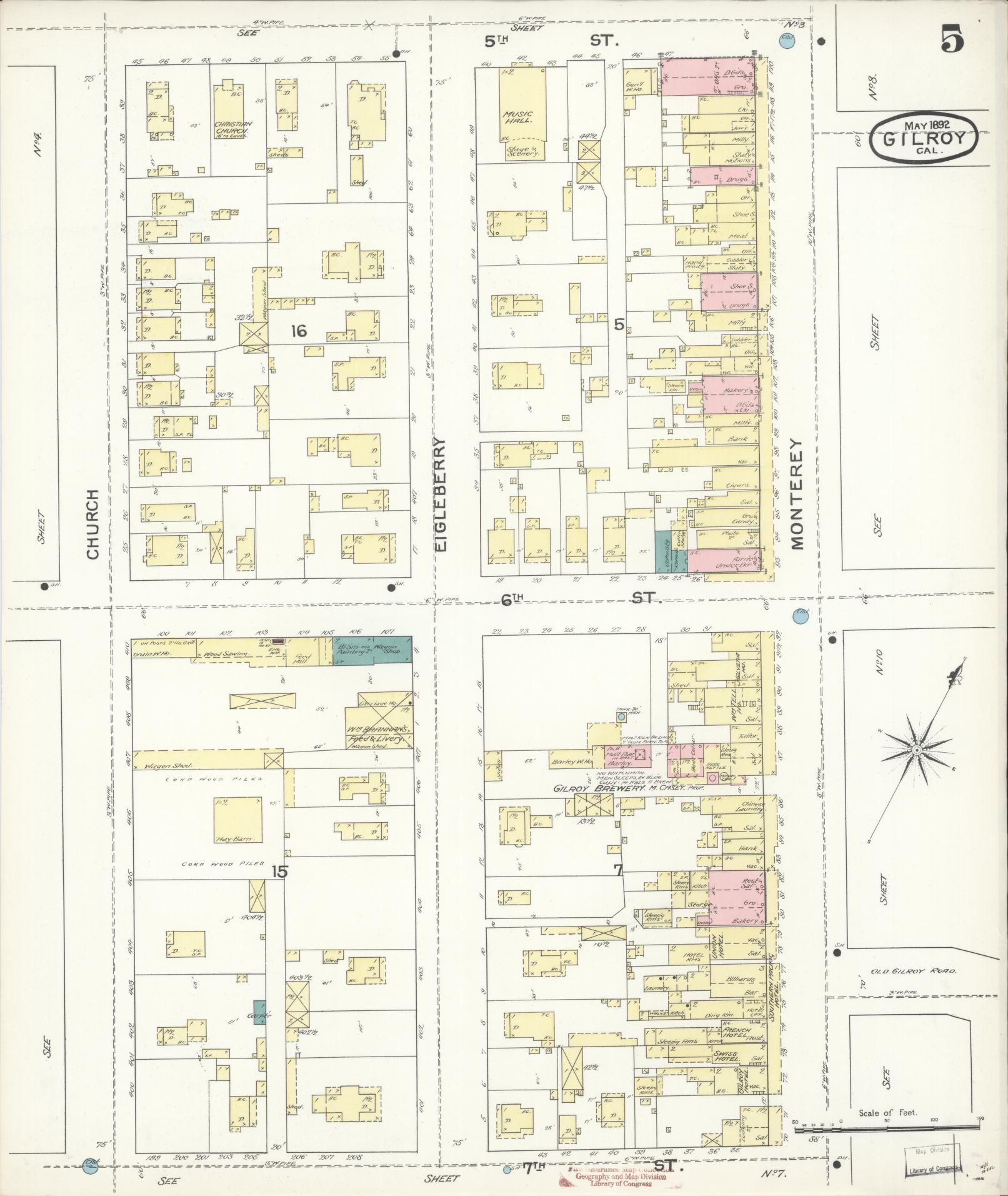 Sanborn Fire Insurance Map from Gilroy, Santa Clara County, California (1892), Sheet #0005 - Historic Sanborn Fire Insurance Map Print, vintage old map wall art, antique decor, genealogy gift, California California map