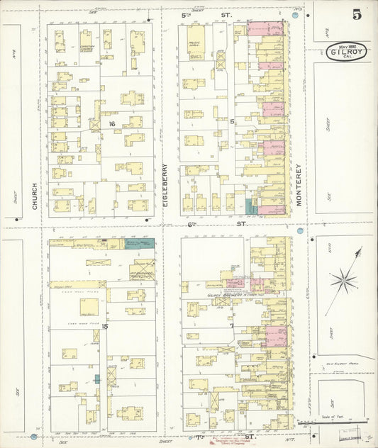 Sanborn Fire Insurance Map from Gilroy, Santa Clara County, California (1892), Sheet #0005 - Historic Sanborn Fire Insurance Map Print, vintage old map wall art, antique decor, genealogy gift, California California map