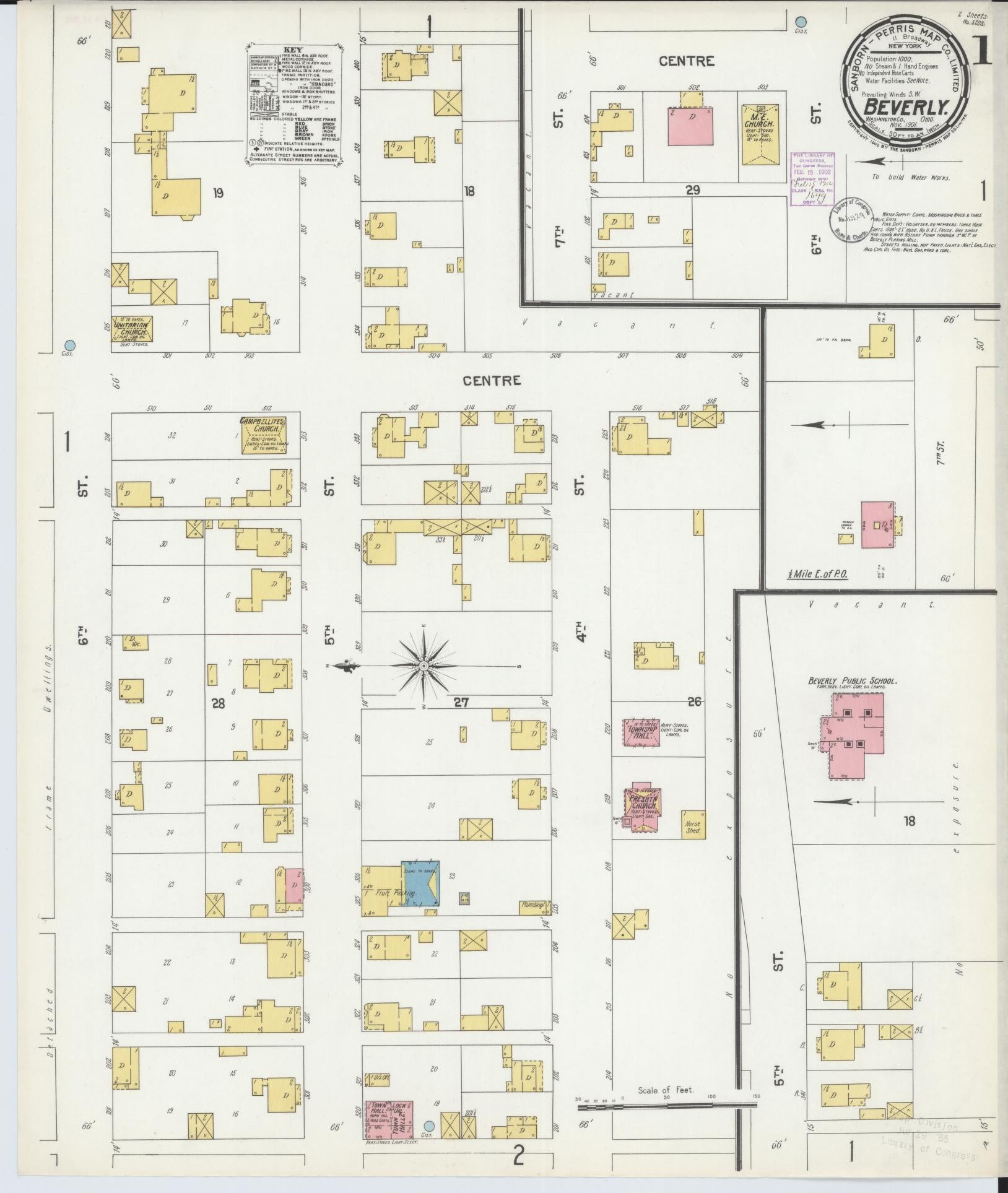 Sanborn Fire Insurance Map from Beverly, Washington County, Ohio (1901), Sheet #0001 - Historic Sanborn Fire Insurance Map Print, vintage old map wall art, antique decor, genealogy gift, Ohio Ohio map