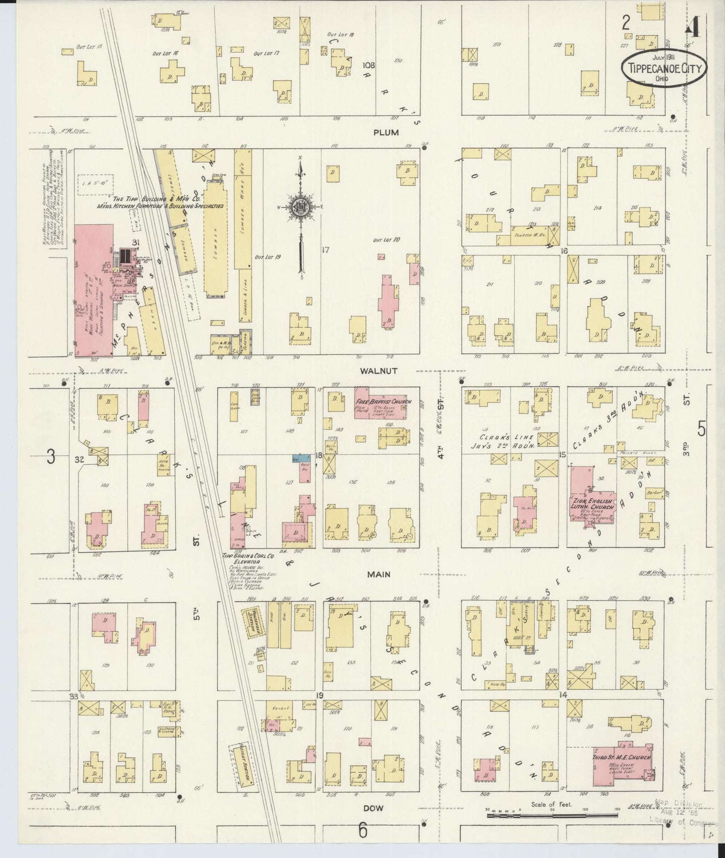 Sanborn Fire Insurance Map from Tipp City, Miami County, Ohio (1911), Sheet #0004 - Historic Sanborn Fire Insurance Map Print, vintage old map wall art, antique decor, genealogy gift, Ohio Ohio map