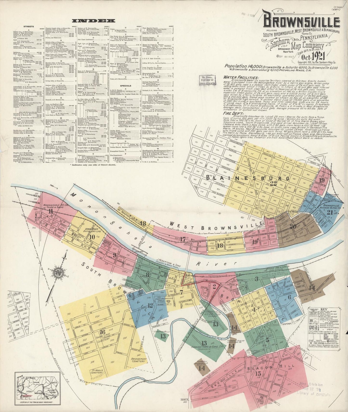 Sanborn Fire Insurance Map from Brownsville, Fayette County, Pennsylvania (1921), Sheet #0001 - Historic Sanborn Fire Insurance Map Print, vintage old map wall art, antique decor, genealogy gift, Pennsylvania Pennsylvania map