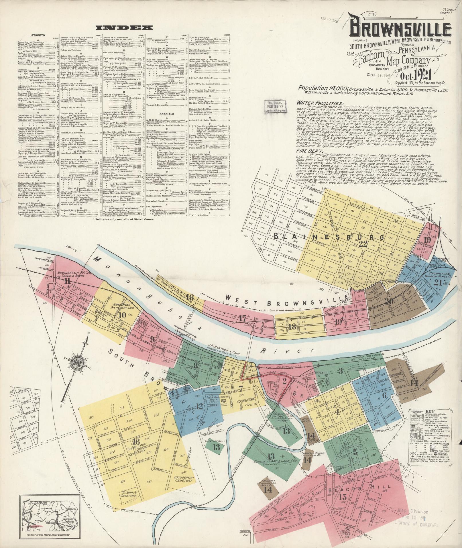 Sanborn Fire Insurance Map from Brownsville, Fayette County, Pennsylvania (1921), Sheet #0001 - Historic Sanborn Fire Insurance Map Print, vintage old map wall art, antique decor, genealogy gift, Pennsylvania Pennsylvania map