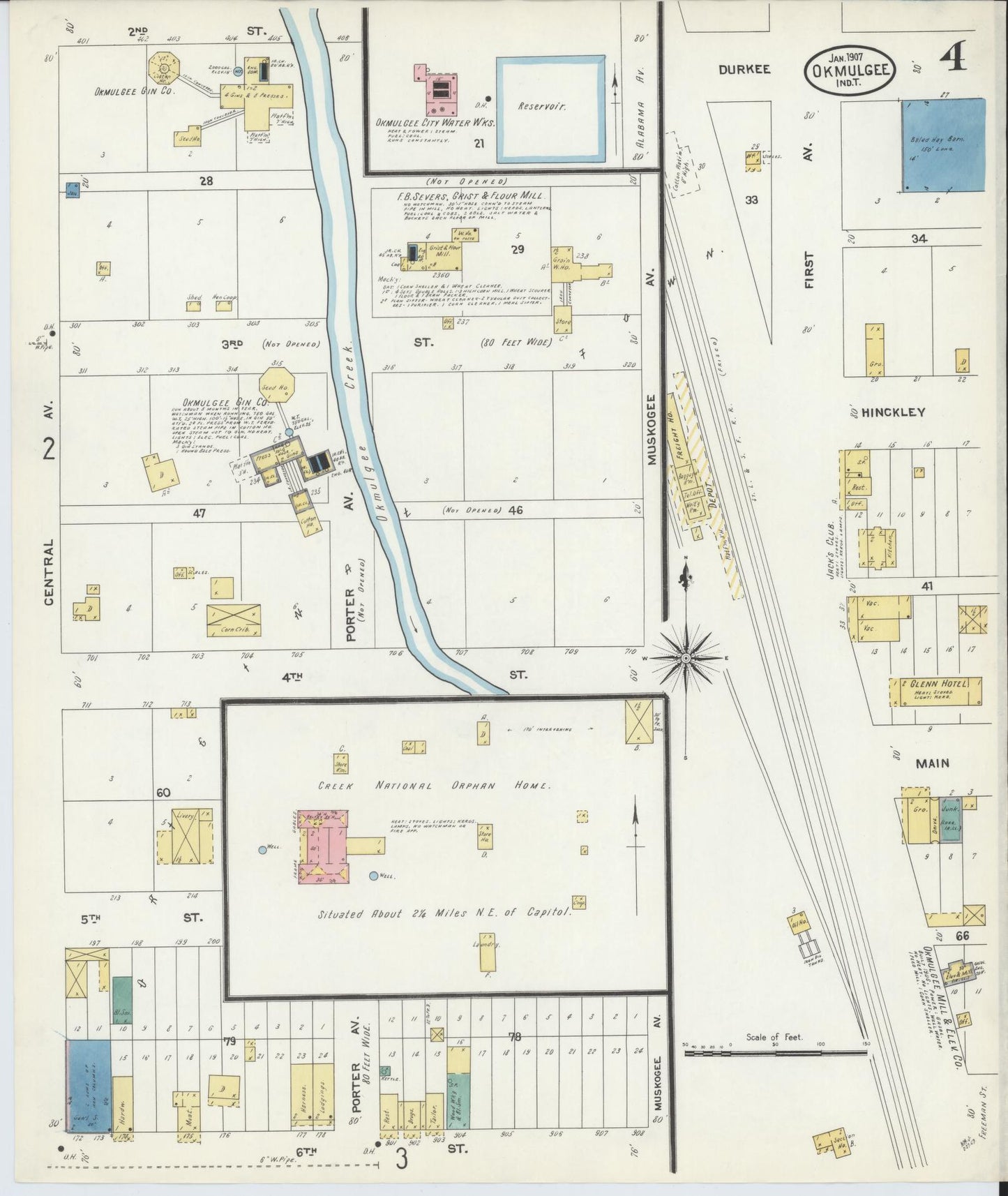 Sanborn Fire Insurance Map from Okmulgee, Okmulgee County, Oklahoma (1907), Sheet #0004 - Historic Sanborn Fire Insurance Map Print, vintage old map wall art, antique decor, genealogy gift, Oklahoma Oklahoma map