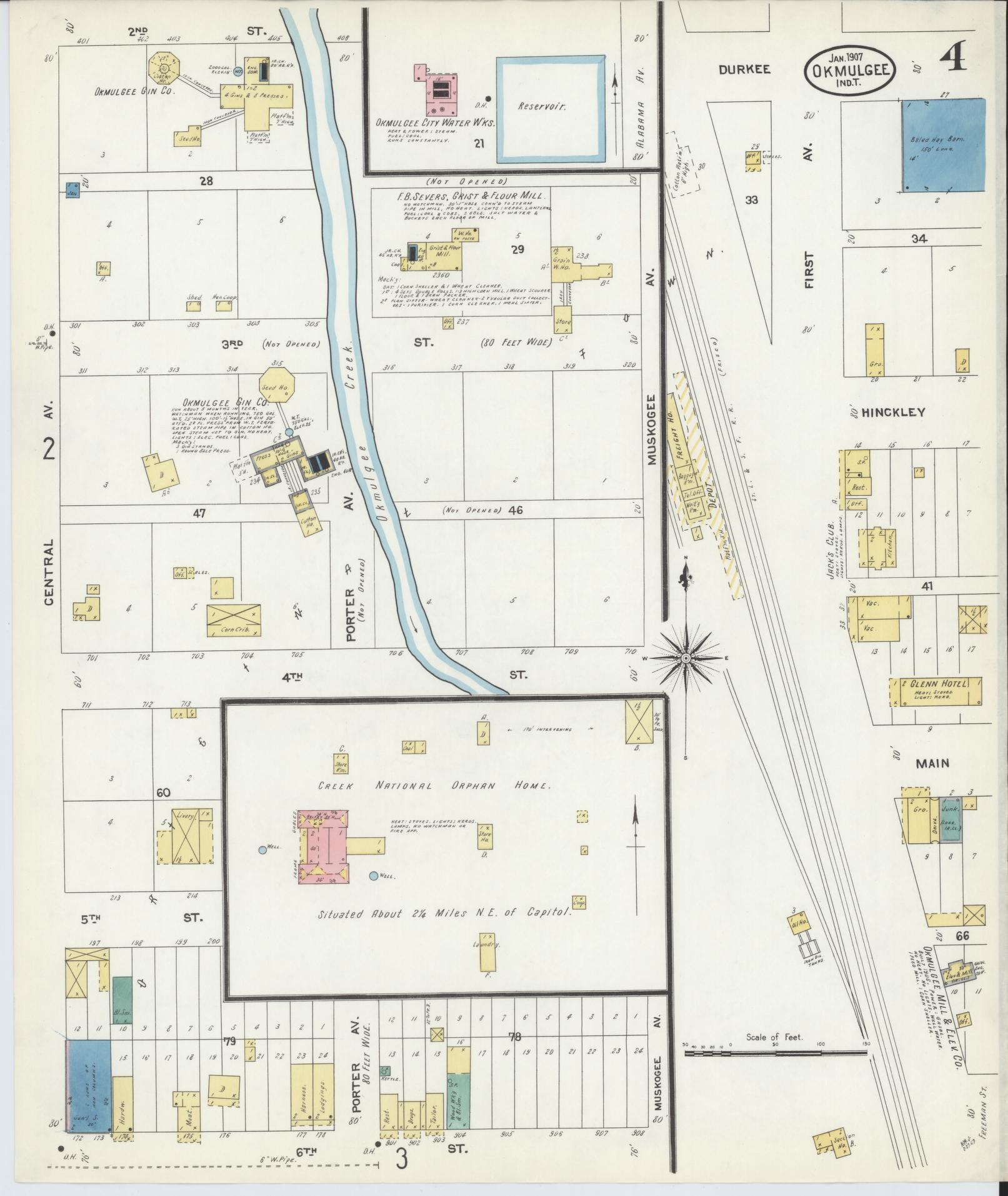 Sanborn Fire Insurance Map from Okmulgee, Okmulgee County, Oklahoma (1907), Sheet #0004 - Historic Sanborn Fire Insurance Map Print, vintage old map wall art, antique decor, genealogy gift, Oklahoma Oklahoma map