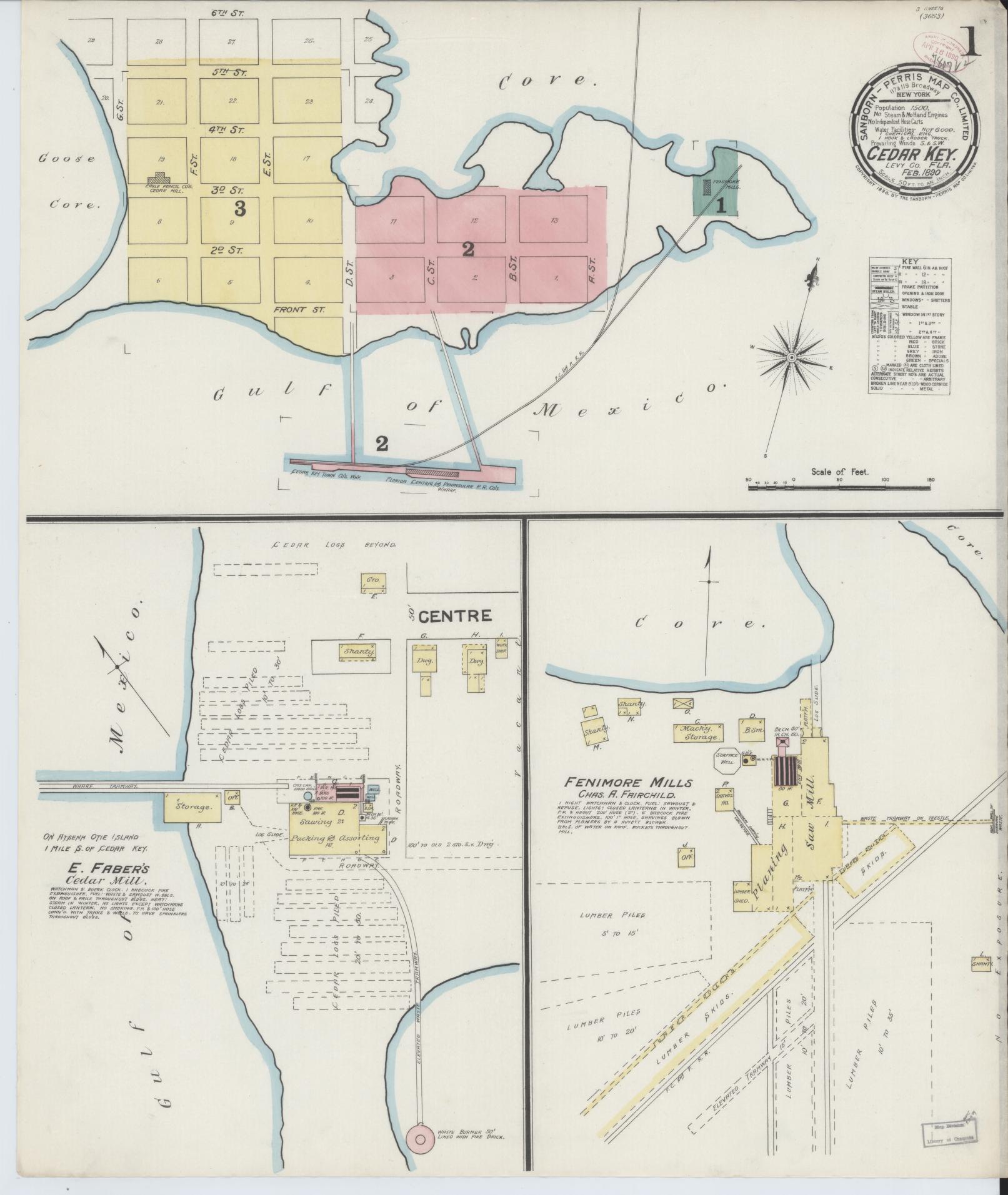 Sanborn Fire Insurance Map from Cedar Key, Levy County, Florida (1890), Sheet #0001 - Complete Map Set gallery image, historic Sanborn map, vintage wall art, Florida Florida