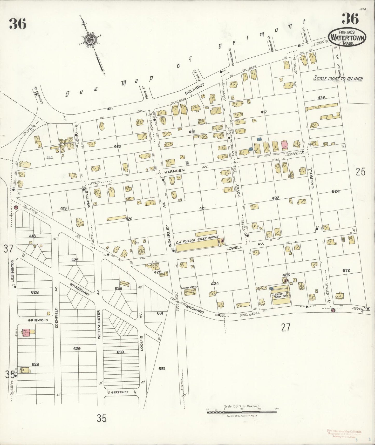 Sanborn Fire Insurance Map from Watertown, Middlesex County, Massachusetts (1923), Sheet #0036 - Complete Map Set gallery image, historic Sanborn map, vintage wall art, Massachusetts Massachusetts