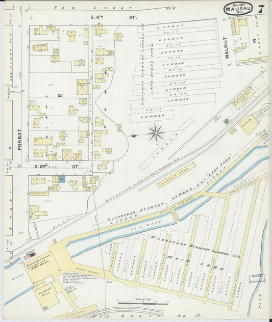 Sanborn Fire Insurance Map from Wausau, Marathon County, Wisconsin (1891), Sheet #0007 - Historic Sanborn Fire Insurance Map Print, vintage old map wall art, antique decor, genealogy gift, Wisconsin Wisconsin map