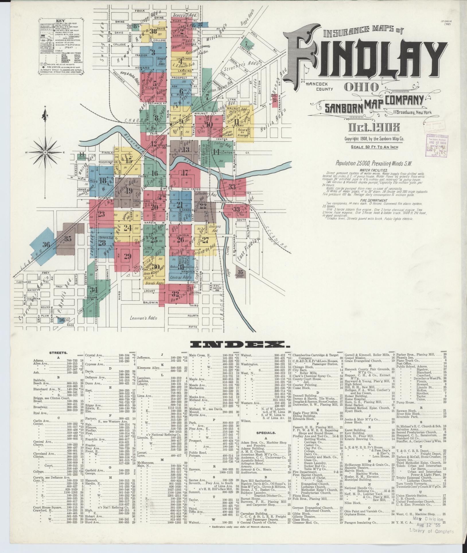 Sanborn Fire Insurance Map from Findlay, Hancock County, Ohio (1908), Sheet #0001 - Complete Map Set gallery image, historic Sanborn map, vintage wall art, Ohio Ohio