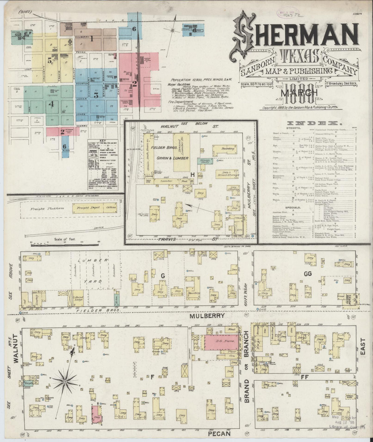 Sanborn Fire Insurance Map from Sherman, Grayson County, Texas (1888), Sheet #0001 - Historic Sanborn Fire Insurance Map Print, vintage old map wall art, antique decor, genealogy gift, Texas Texas map