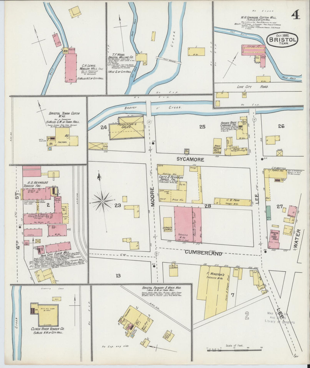 Sanborn Fire Insurance Map from Bristol, Sullivan County, Tennessee (1892), Sheet #0004 - Historic Sanborn Fire Insurance Map Print, vintage old map wall art, antique decor, genealogy gift, Tennessee Tennessee map