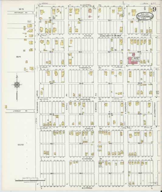 Sanborn Fire Insurance Map from Fitzgerald, Ben Hill County, Georgia (1921), Sheet #0009 - Historic Sanborn Fire Insurance Map Print, vintage old map wall art, antique decor, genealogy gift, Georgia Georgia map
