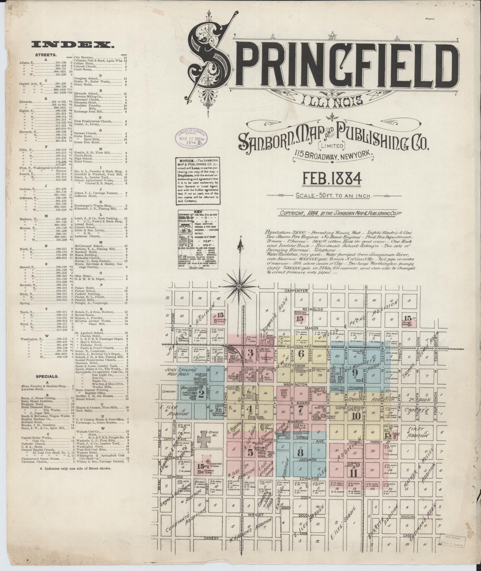 Sanborn Fire Insurance Map from Springfield, Sangamon County, Illinois (1884), Sheet #0001 - Complete Map Set gallery image, historic Sanborn map, vintage wall art, Illinois Illinois
