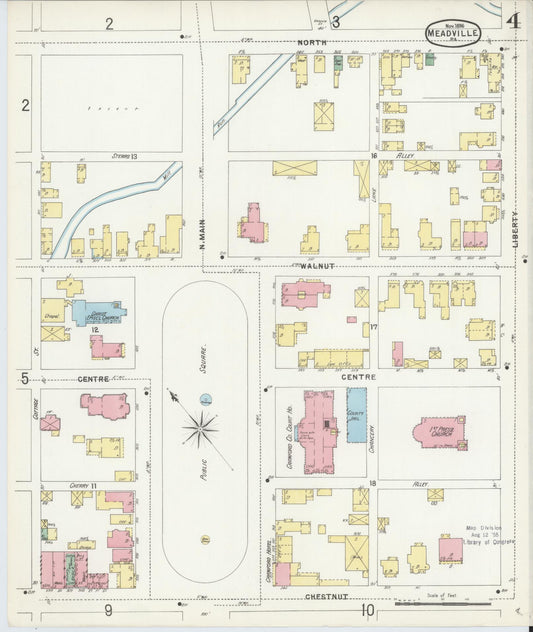 Sanborn Fire Insurance Map from Meadville, Crawford County, Pennsylvania (1896), Sheet #0004 - Historic Sanborn Fire Insurance Map Print, vintage old map wall art, antique decor, genealogy gift, Pennsylvania Pennsylvania map
