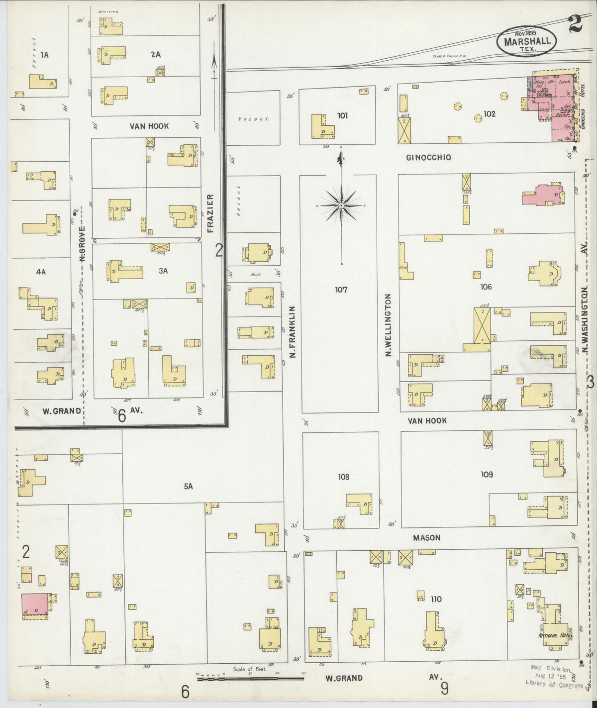 Sanborn Fire Insurance Map from Marshall, Harrison County, Texas (1899), Sheet #0002 - Complete Map Set gallery image, historic Sanborn map, vintage wall art, Texas Texas
