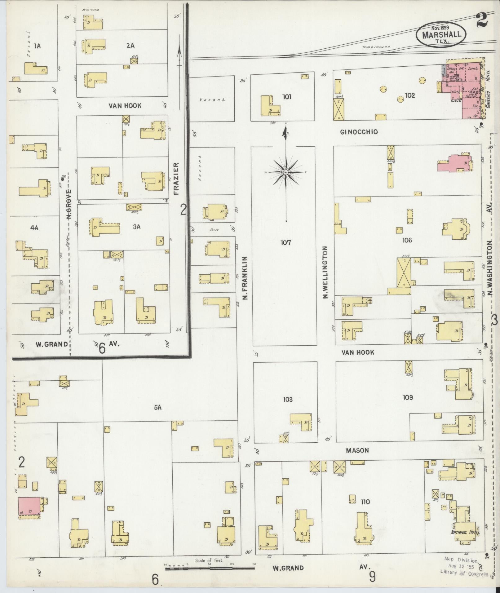 Sanborn Fire Insurance Map from Marshall, Harrison County, Texas (1899), Sheet #0002 - Complete Map Set gallery image, historic Sanborn map, vintage wall art, Texas Texas