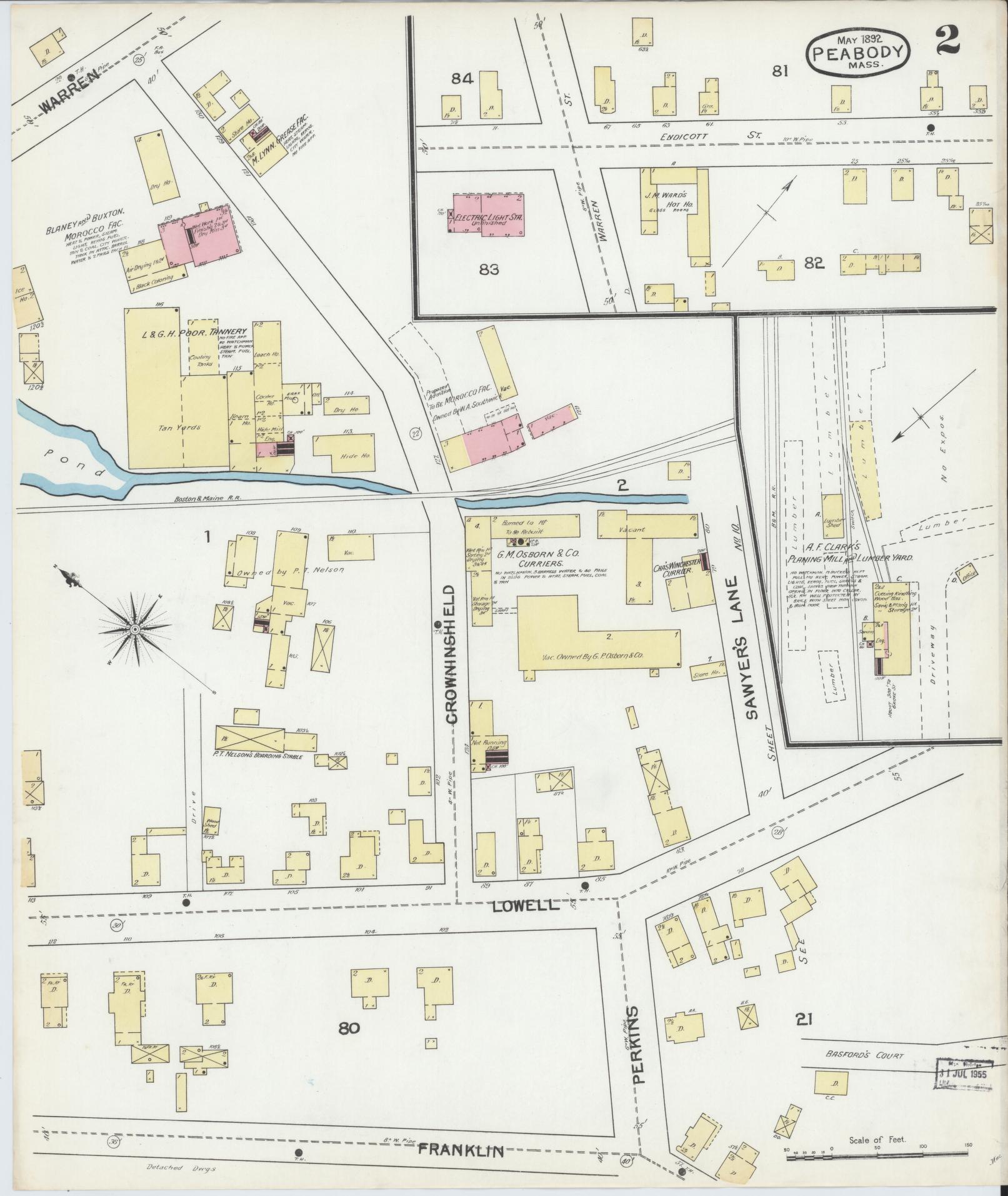 Sanborn Fire Insurance Map from Peabody, Essex County, Massachusetts (1892), Sheet #0002 - Historic Sanborn Fire Insurance Map Print, vintage old map wall art, antique decor, genealogy gift, Massachusetts Massachusetts map