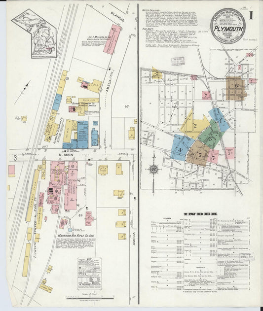Sanborn Fire Insurance Map from Plymouth, Wayne County, Michigan (1918), Sheet #0001 - Historic Sanborn Fire Insurance Map Print, vintage old map wall art, antique decor, genealogy gift, Michigan Michigan map