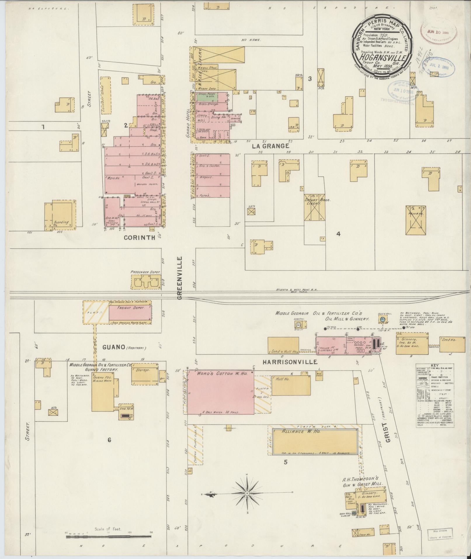 Sanborn Fire Insurance Map from Hogansville, Troup County, Georgia (1898), Sheet #0001 - Historic Sanborn Fire Insurance Map Print, vintage old map wall art, antique decor, genealogy gift, Georgia Georgia map