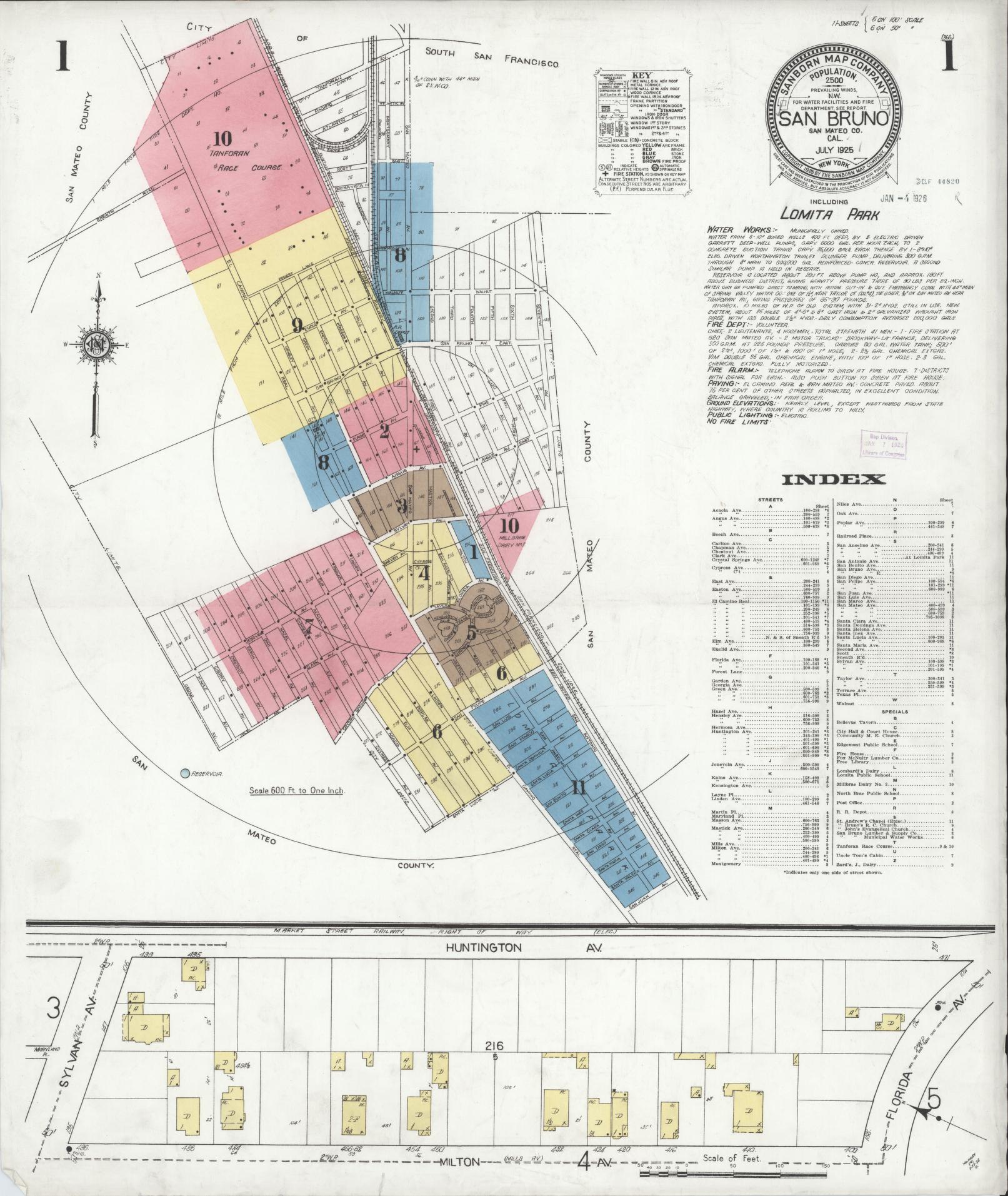 Sanborn Fire Insurance Map from San Bruno, San Mateo County, California (1925), Sheet #0001 - Complete Map Set gallery image, historic Sanborn map, vintage wall art, California California