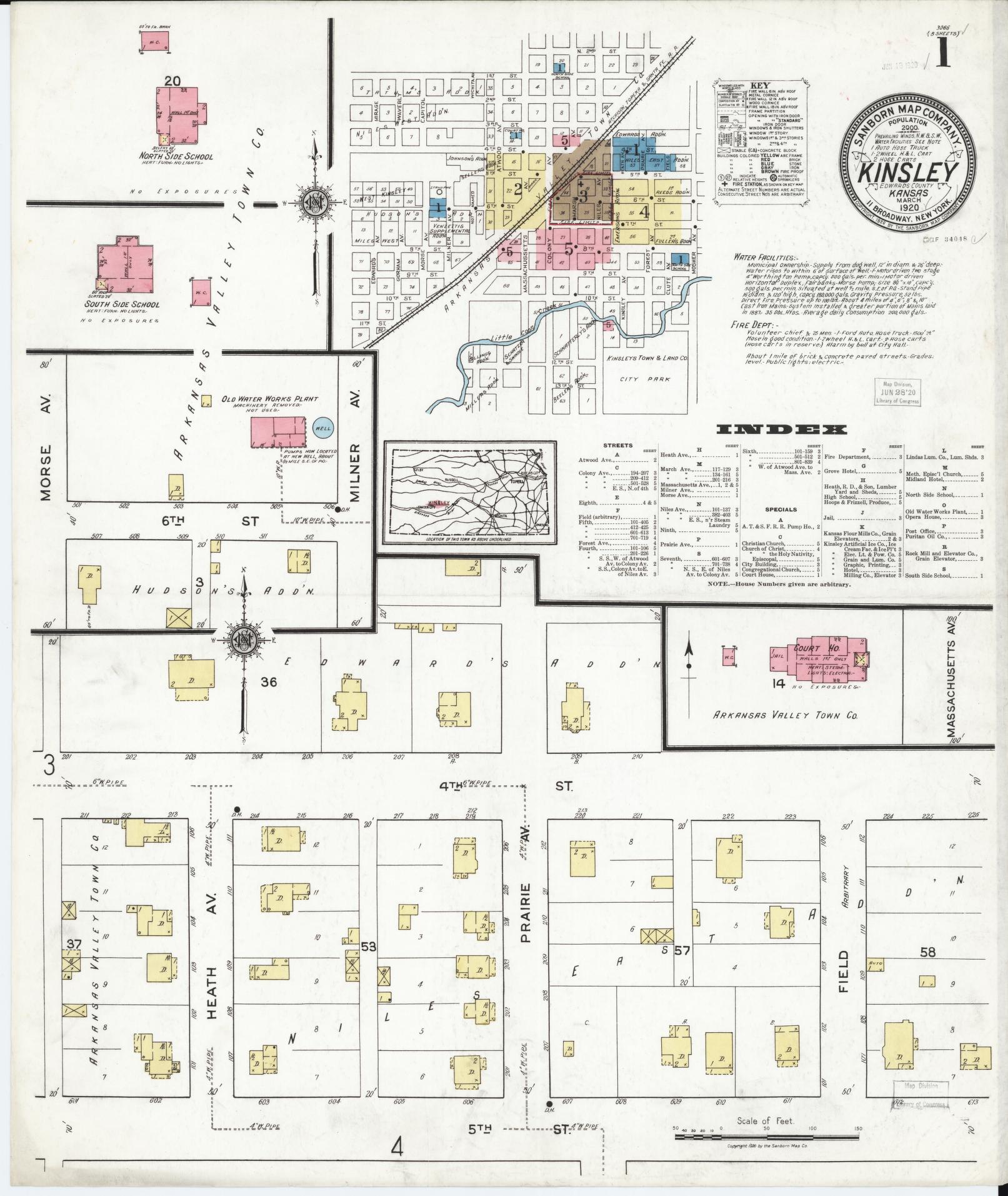 Sanborn Fire Insurance Map from Kinsley, Edwards County, Kansas (1920), Sheet #0001 - Historic Sanborn Fire Insurance Map Print, vintage old map wall art, antique decor, genealogy gift, Kansas Kansas map