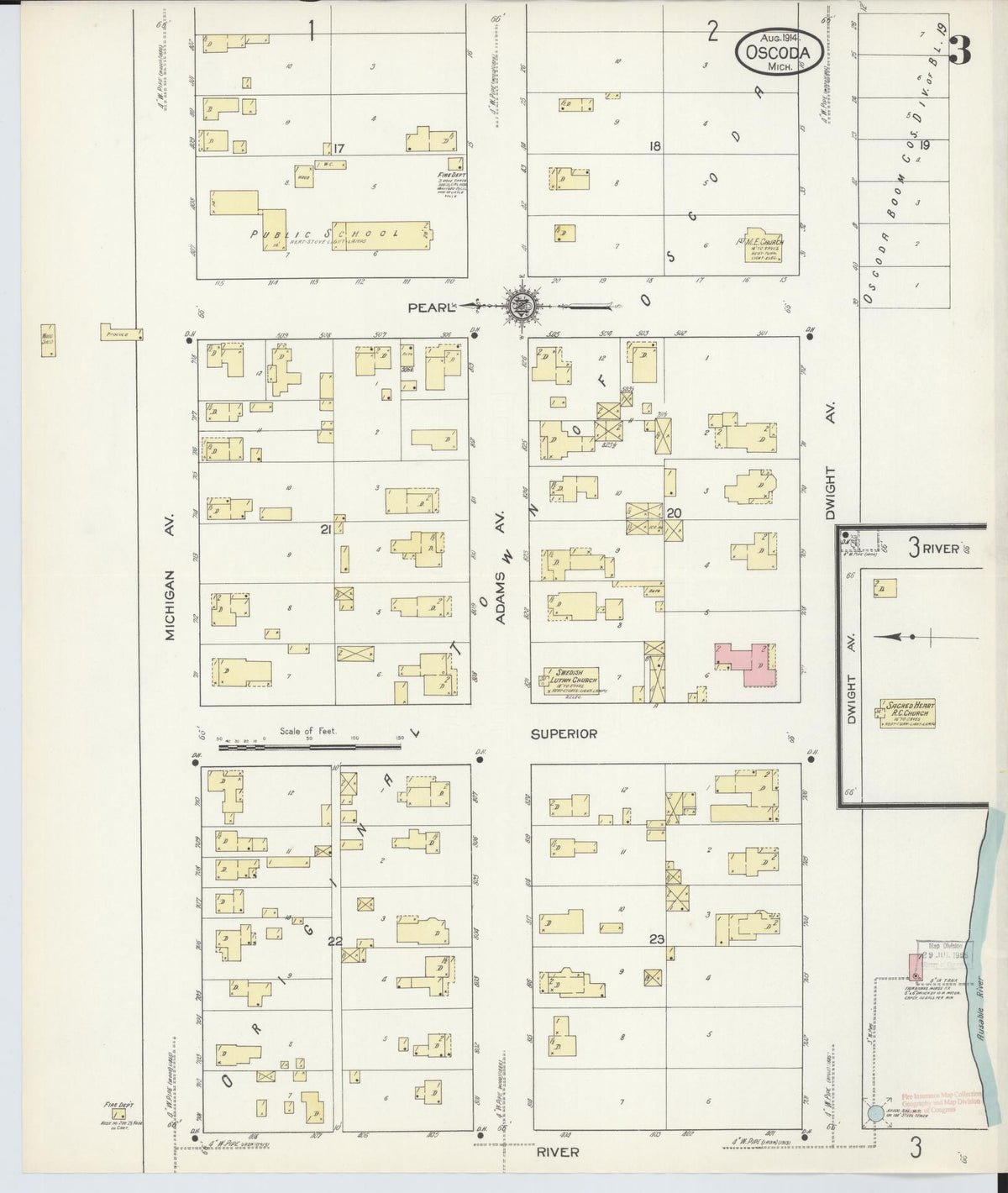 Sanborn Fire Insurance Map from Oscoda, Iosco County, Michigan (1914), Sheet #0003 - Historic Sanborn Fire Insurance Map Print, vintage old map wall art, antique decor, genealogy gift, Michigan Michigan map