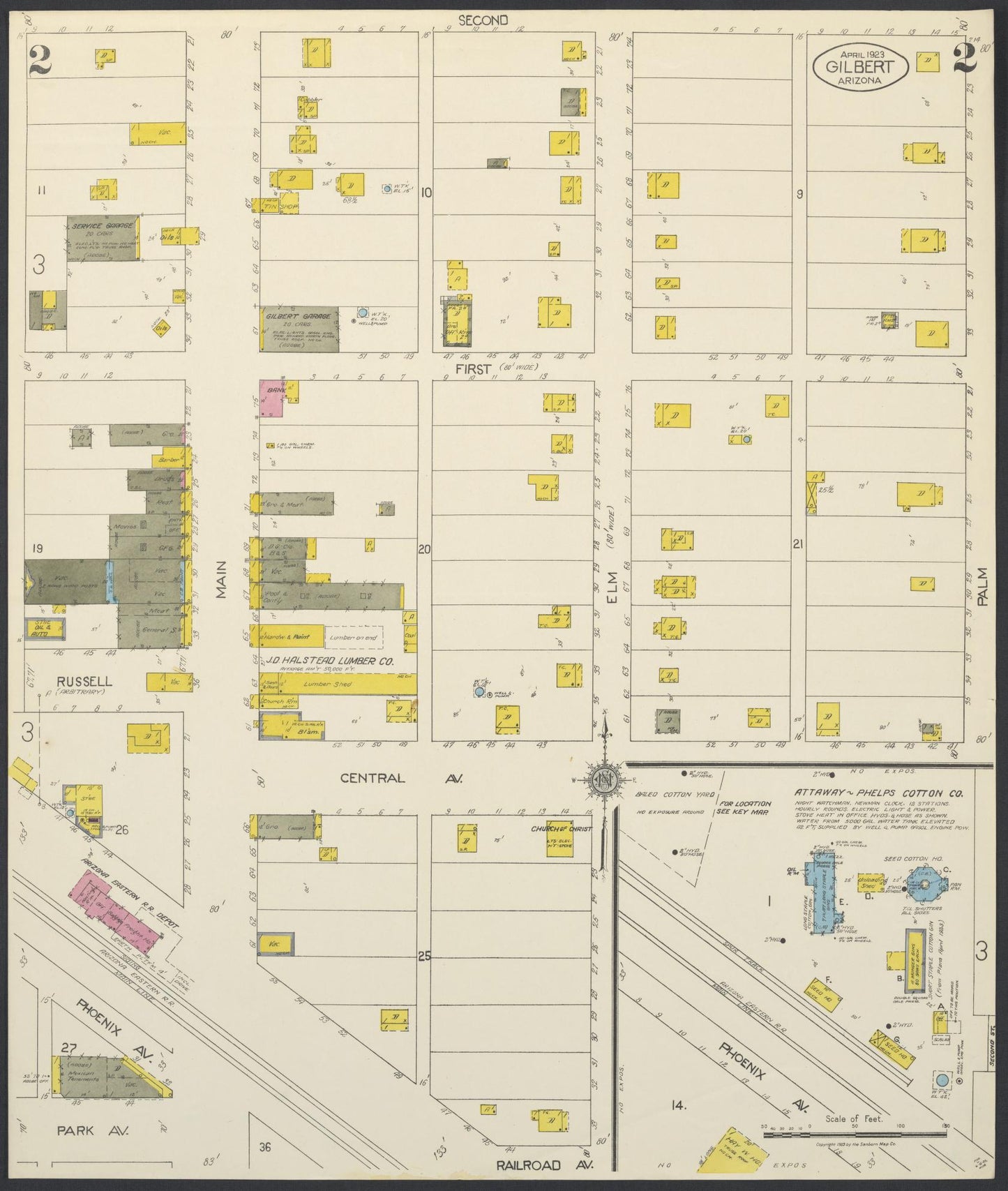 Sanborn Fire Insurance Map from Gilbert, Maricopa County, Arizona (1923), Sheet #0002 - Complete Map Set gallery image, historic Sanborn map, vintage wall art, Arizona Arizona