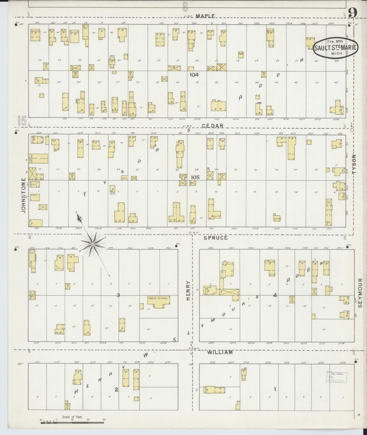 Sanborn Fire Insurance Map from Sault Sainte Marie, Chippewa County, Michigan (1895), Sheet #0009 - Historic Sanborn Fire Insurance Map Print, vintage old map wall art, antique decor, genealogy gift, Michigan Michigan map