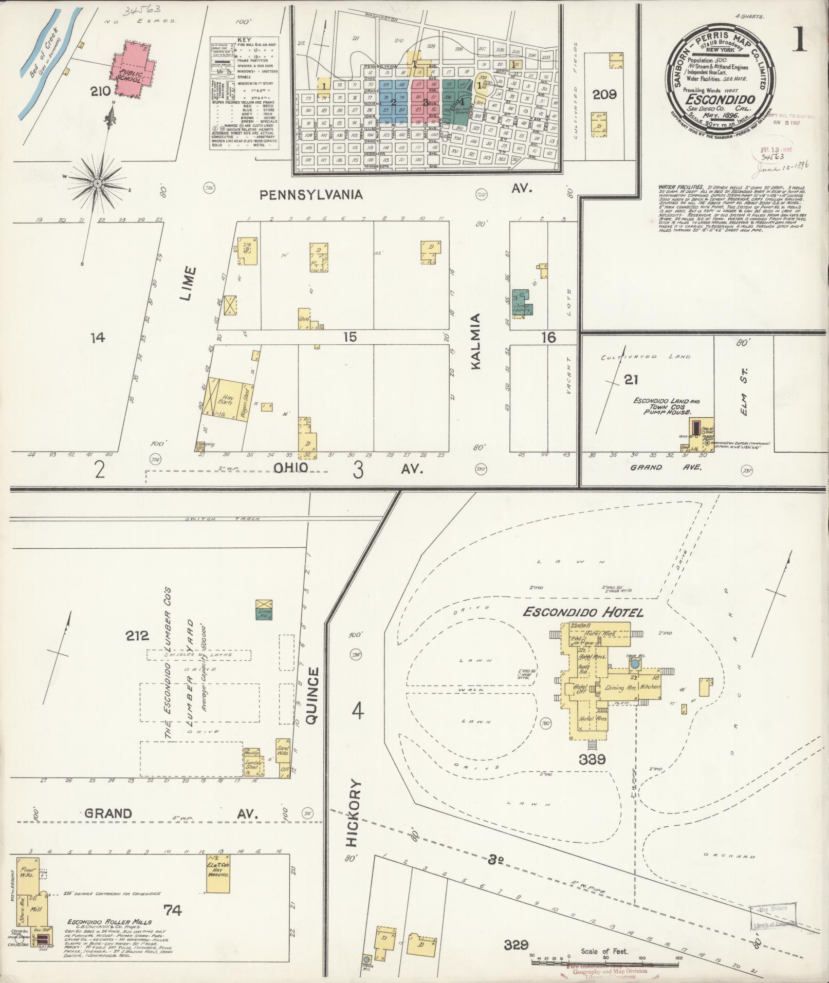 Sanborn Fire Insurance Map from Escondido, San Diego County, California (1896), Sheet #0001 - Historic Sanborn Fire Insurance Map Print, vintage old map wall art, antique decor, genealogy gift, California California map