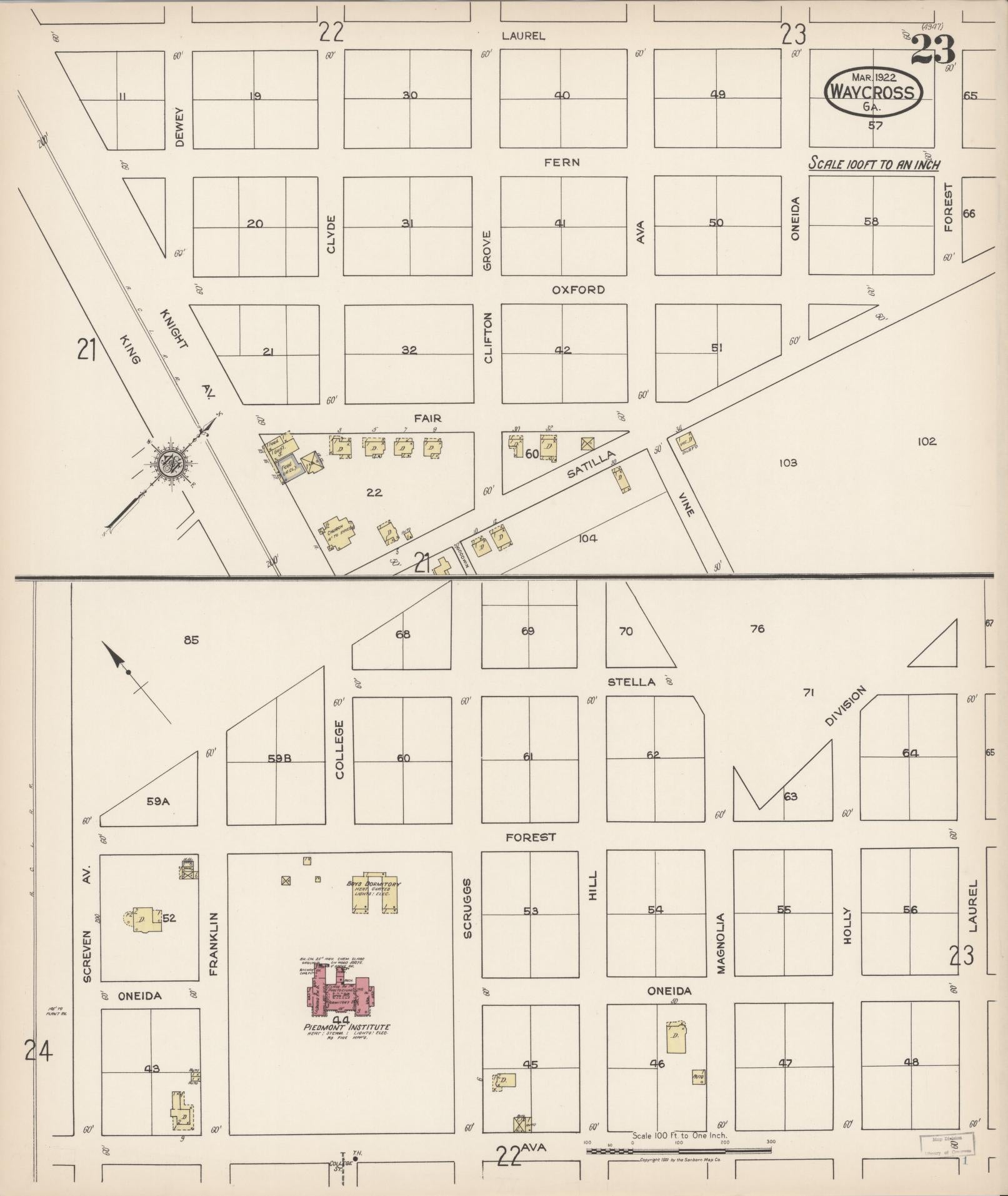 Sanborn Fire Insurance Map from Waycross, Ware County, Georgia (1922), Sheet #0023 - Complete Map Set gallery image, historic Sanborn map, vintage wall art, Georgia Georgia