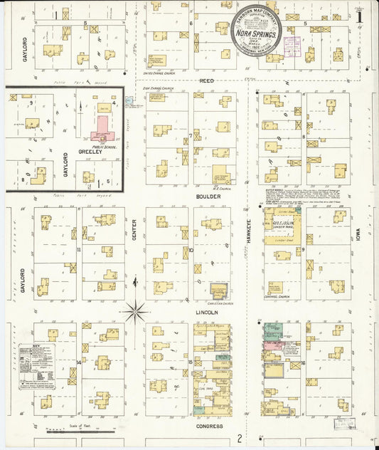 Sanborn Fire Insurance Map from Nora Springs, Floyd County, Iowa (1902), Sheet #0001 - Historic Sanborn Fire Insurance Map Print, vintage old map wall art