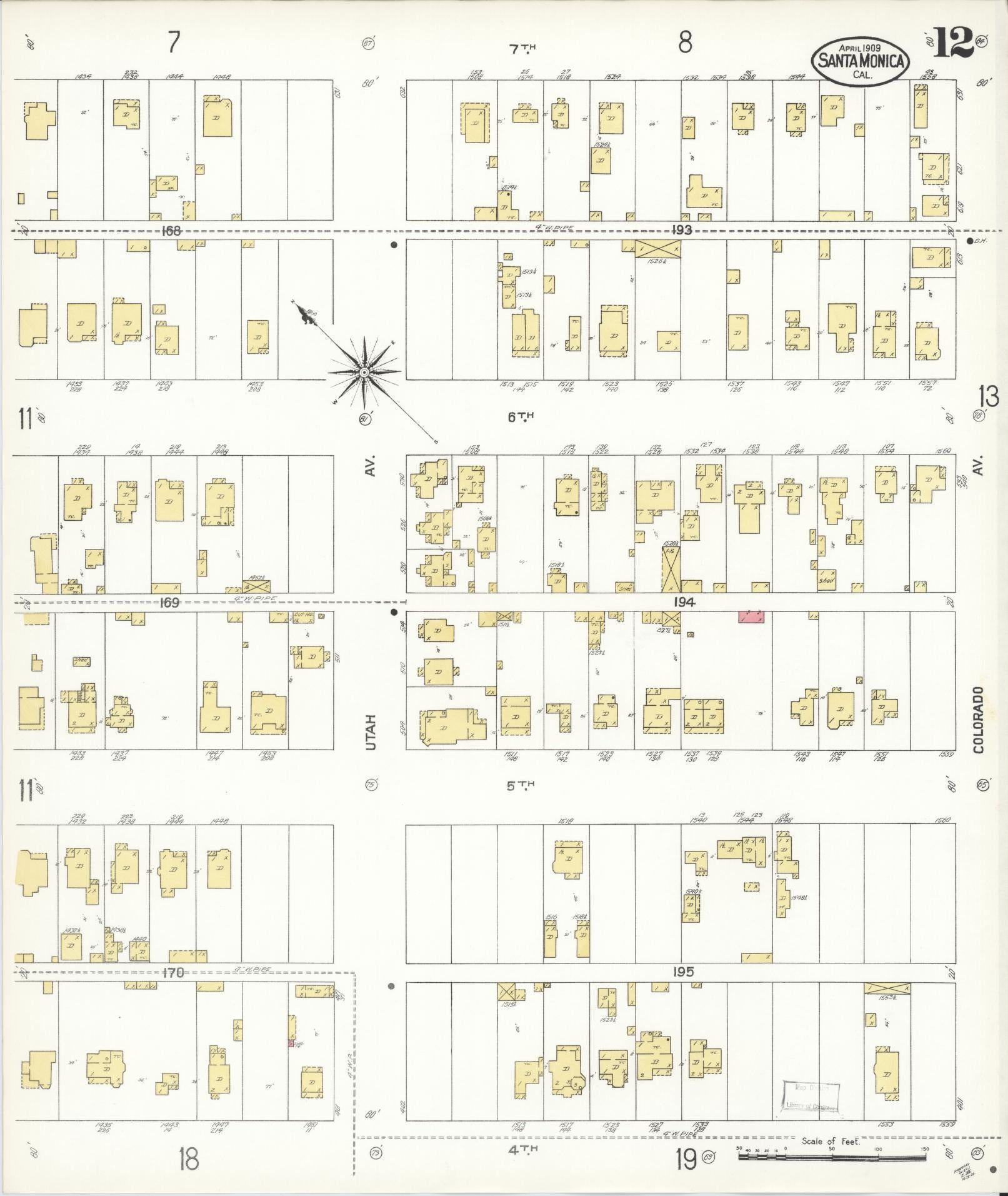Sanborn Fire Insurance Map from Santa Monica, Los Angeles County, California (1909), Sheet #0012 - Complete Map Set gallery image, historic Sanborn map, vintage wall art, California California
